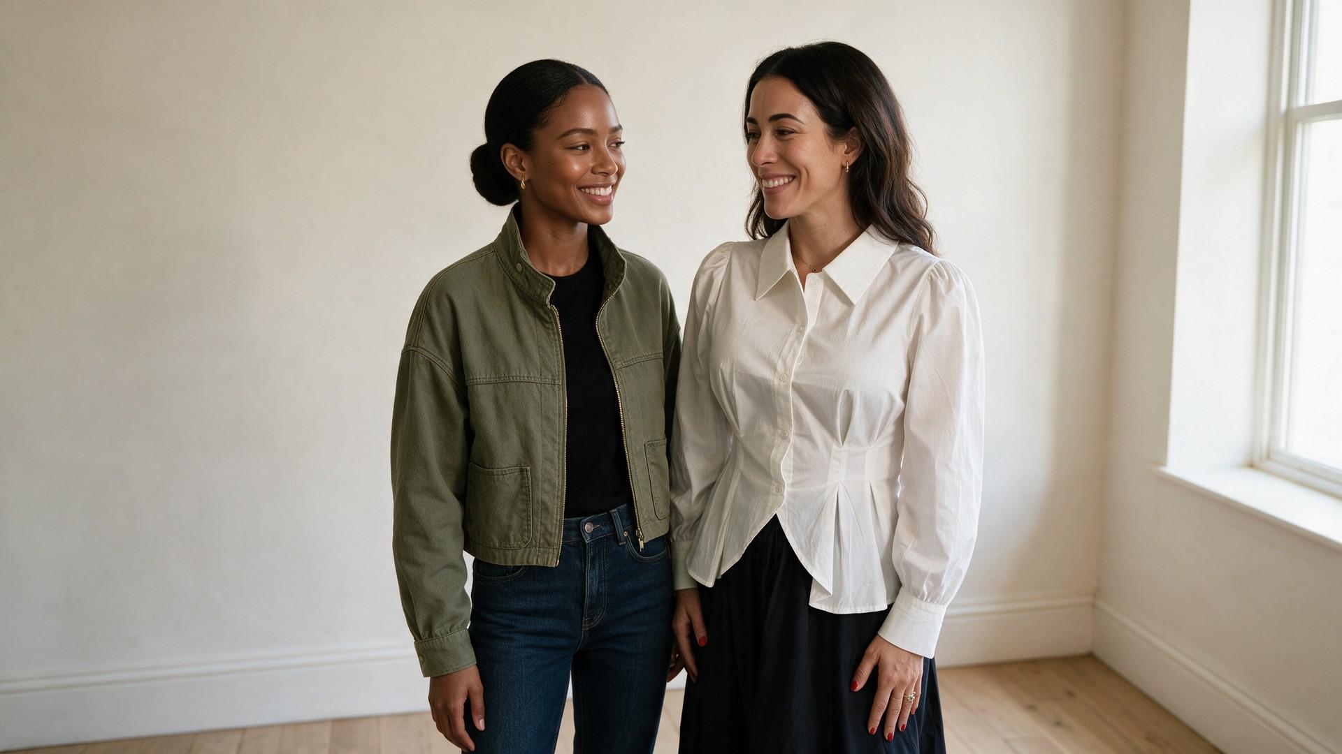 Meighan Farley, founder of Olive & Muse, in The Collar Shirt in White, with a model in The Utility Jacket in Khaki