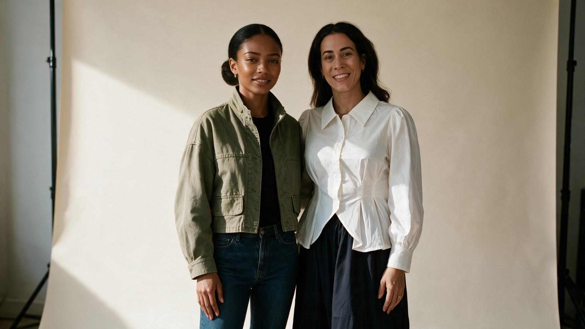 Meighan Farley, founder of Olive & Muse, and a model in The Utility Jacket in Khaki, photographed in the studio