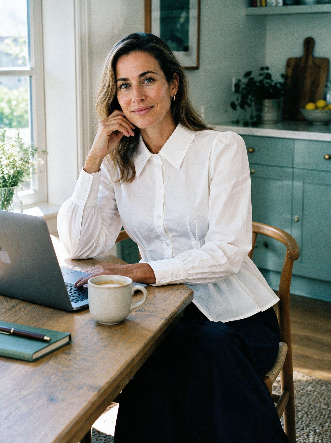 The Collar Shirt in White, seated at a table with chin resting on hand, three-quarter view