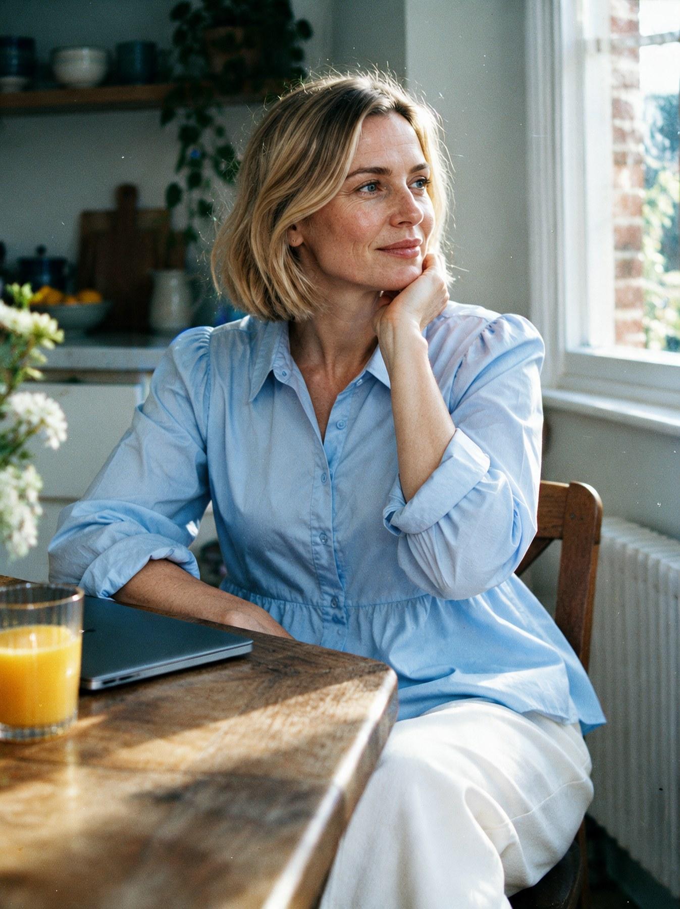 The Collar Shirt in Sky Blue, seated at a table with chin resting on hand, gazing out of a window