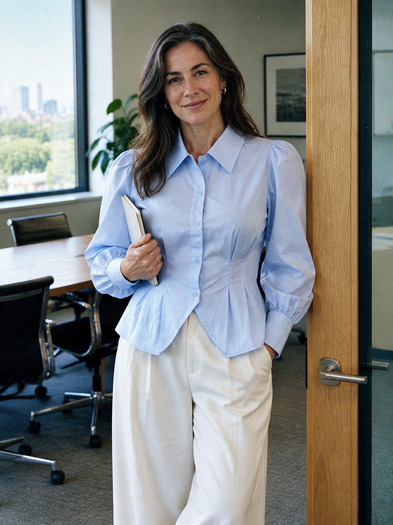 The Collar Shirt in Sky Blue, three-quarter view leaning against a doorway with hand in pocket