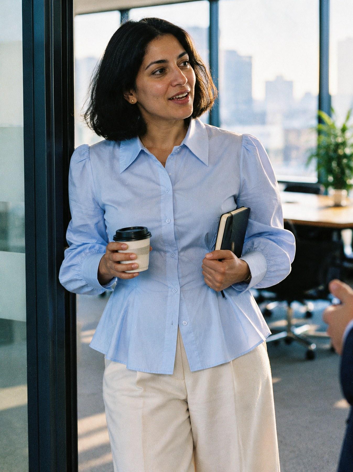 The Collar Shirt in Sky Blue, standing in an office doorway holding a coffee cup and notebook, looking away