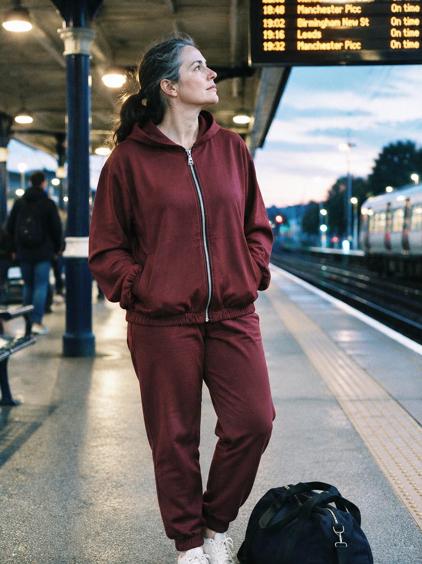 The Lounge Set in Burgundy, full length, standing on a train platform