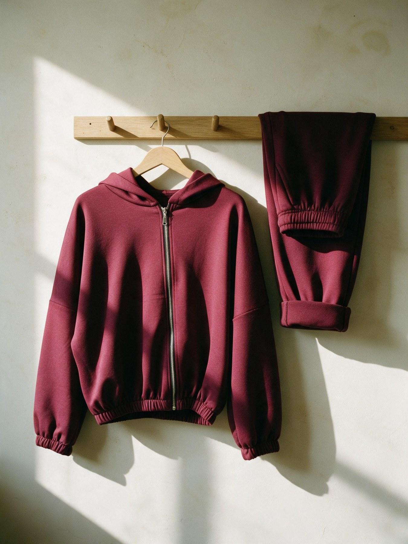 The Lounge Set in Burgundy, on the hanger