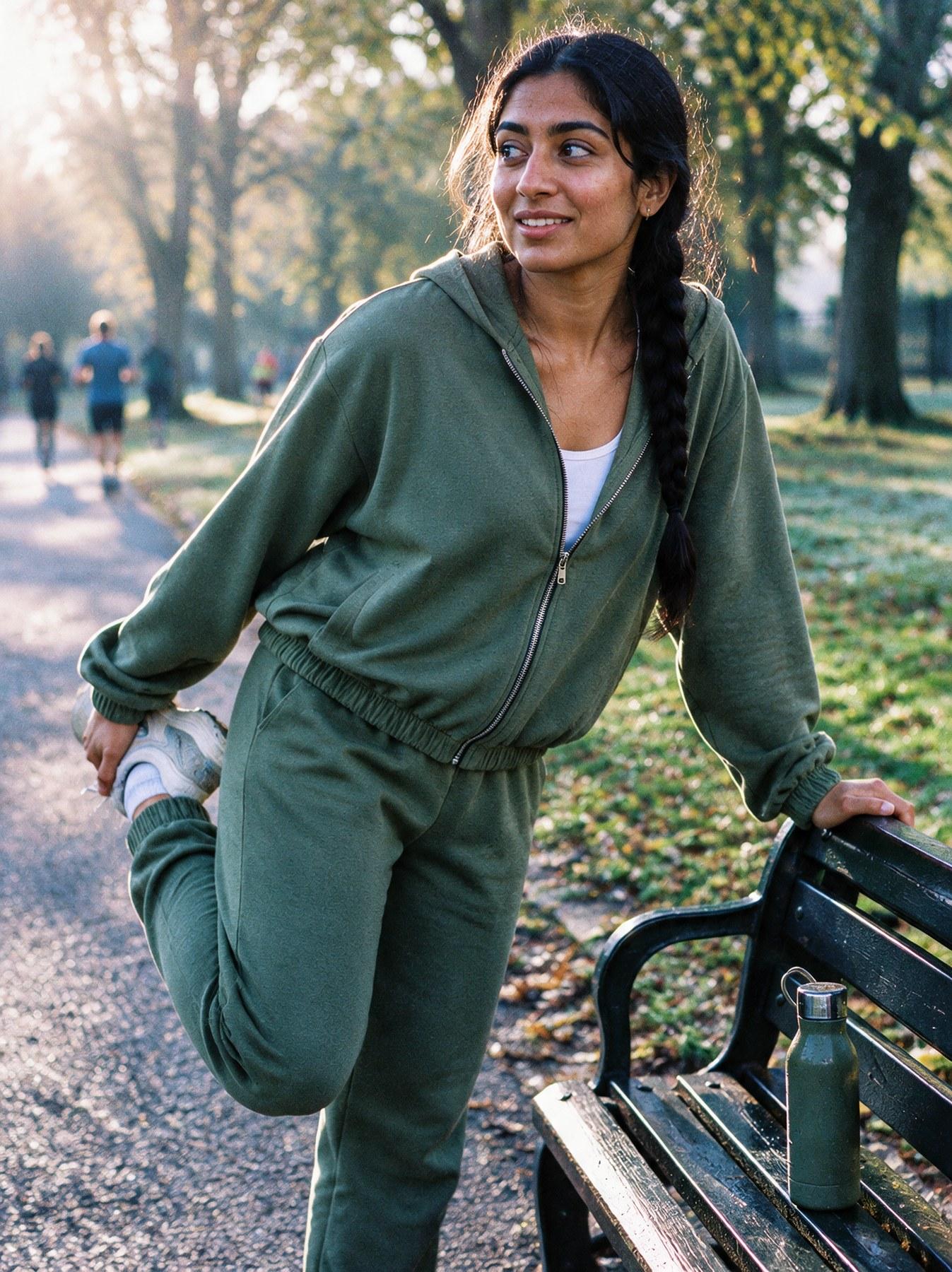 The Lounge Set in Khaki, styled outdoors, stretching on a park bench