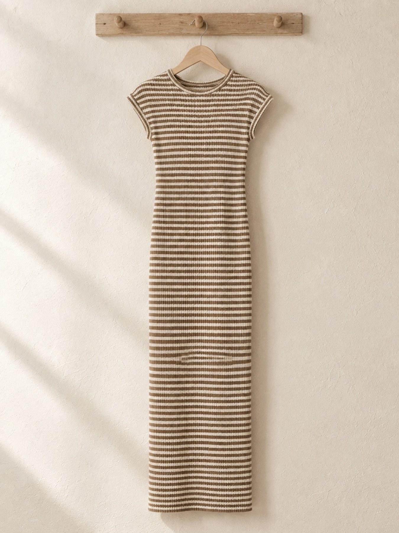 The Stripe Maxi in Beige, on the hanger