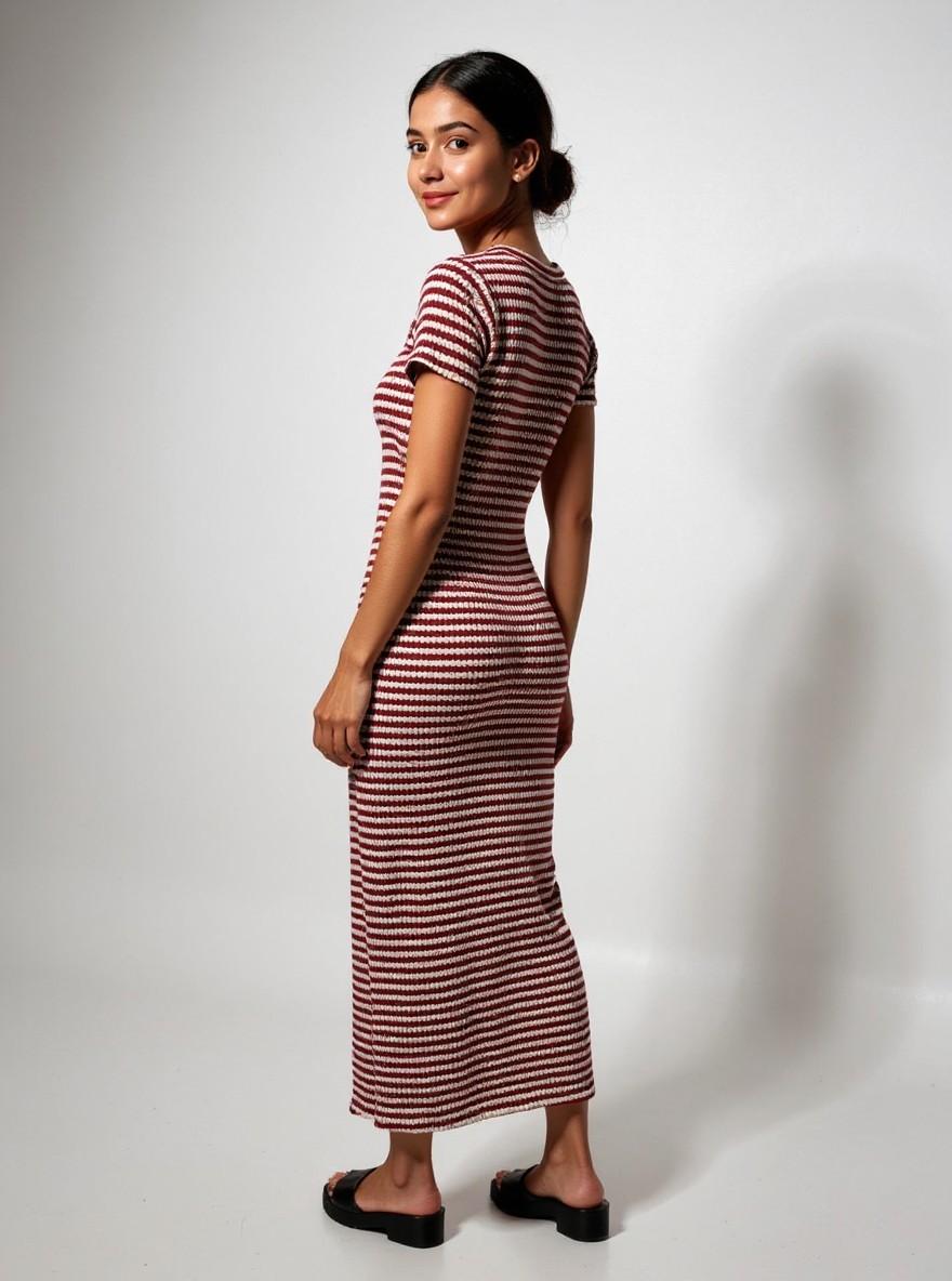 The Stripe Maxi in Burgundy, three-quarter back view, standing
