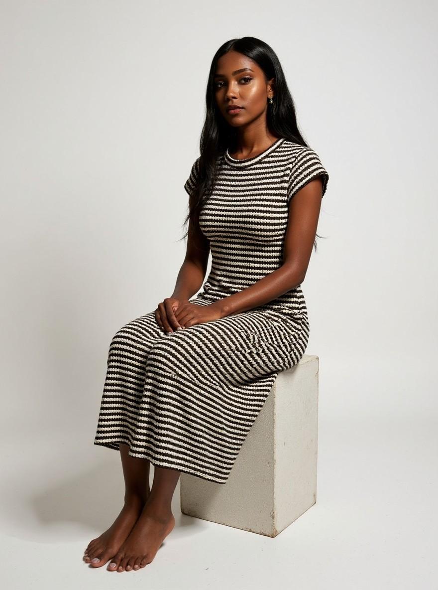 The Stripe Maxi in Brown, seated, three-quarter view