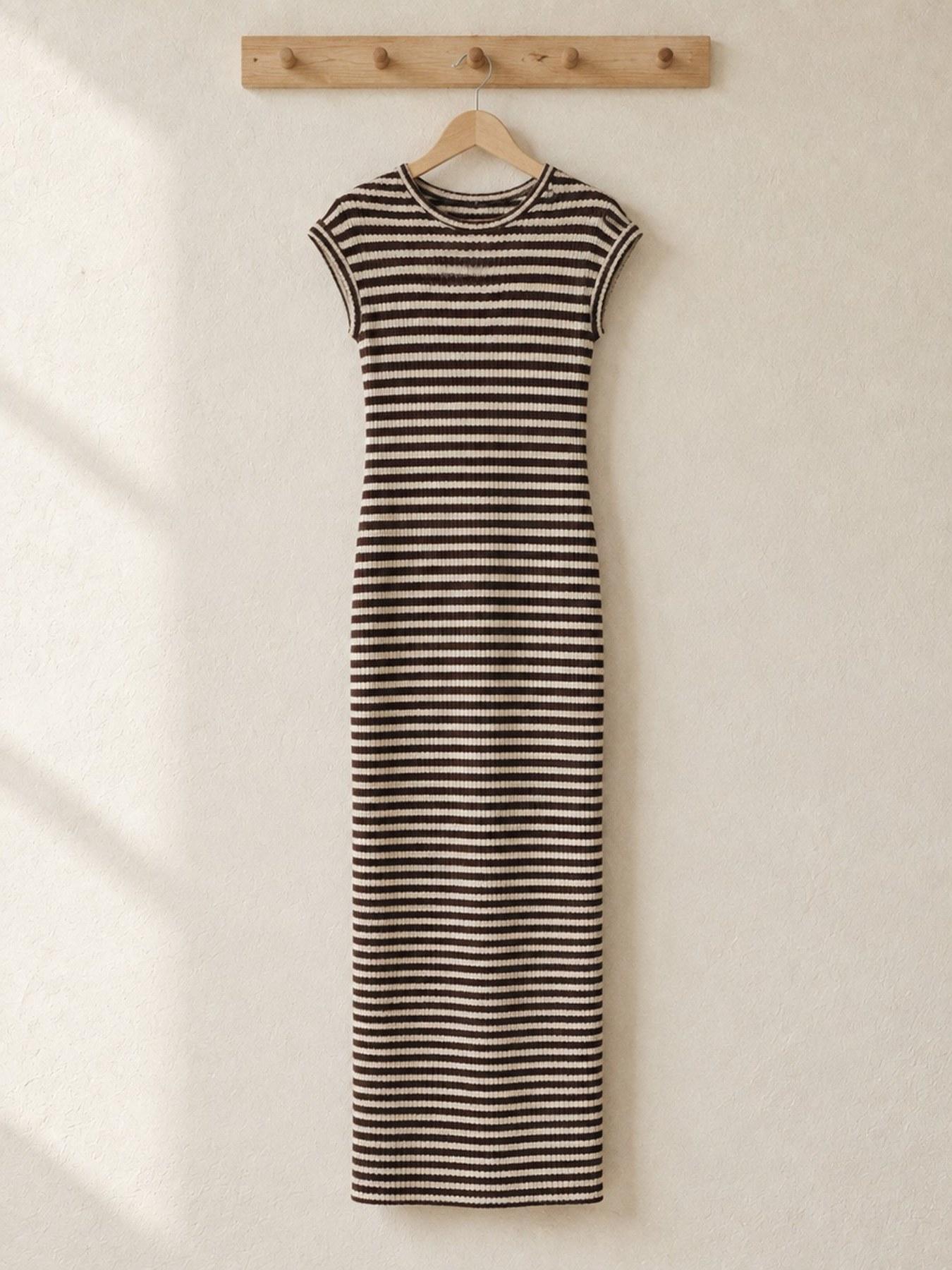 The Stripe Maxi in Brown, on the hanger