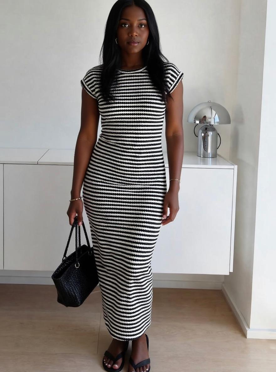 Woman wearing the Stripe Maxi dress in a studio