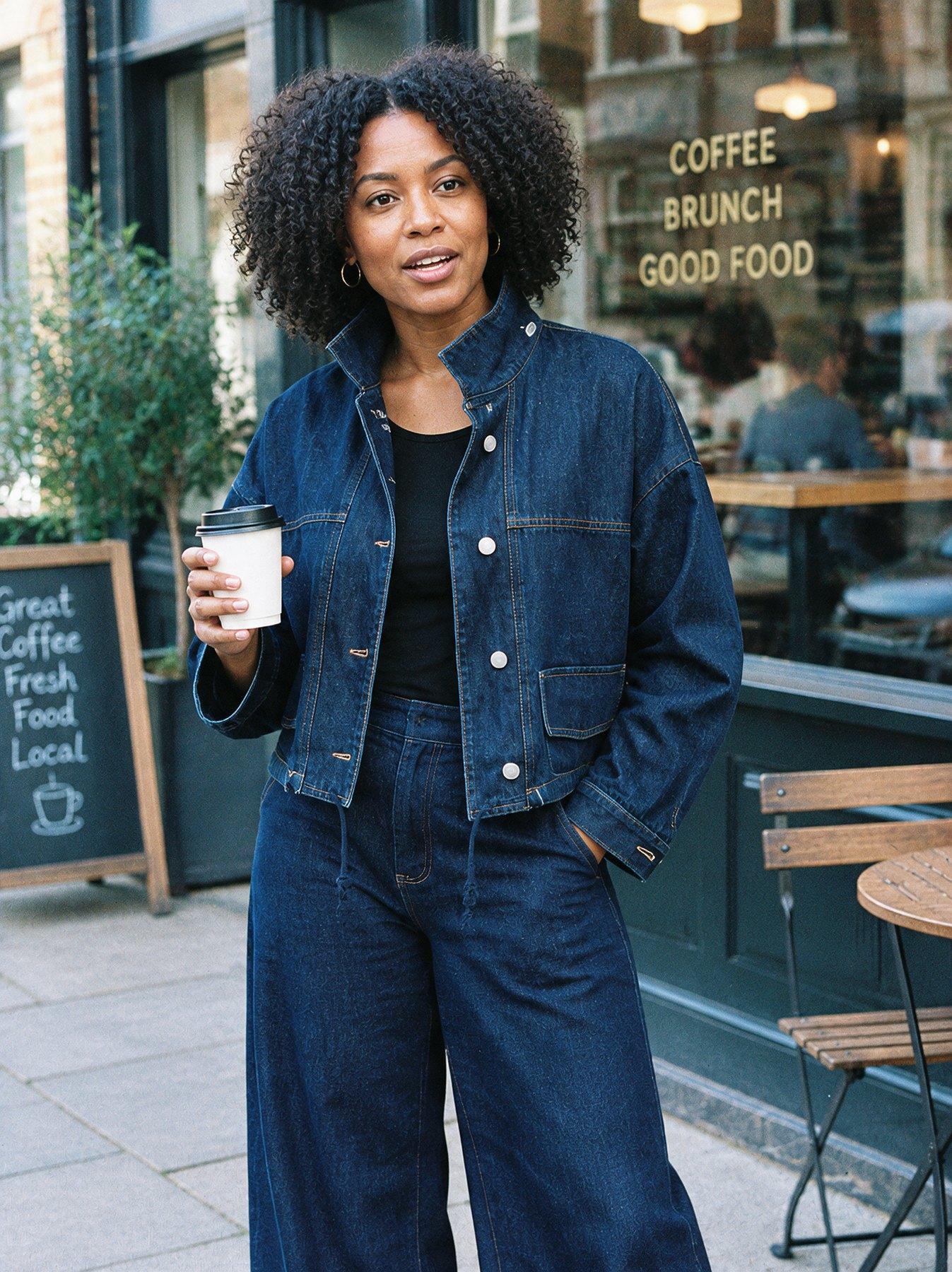 The Utility Jacket in Dark Blue, front view, holding a coffee outside a café