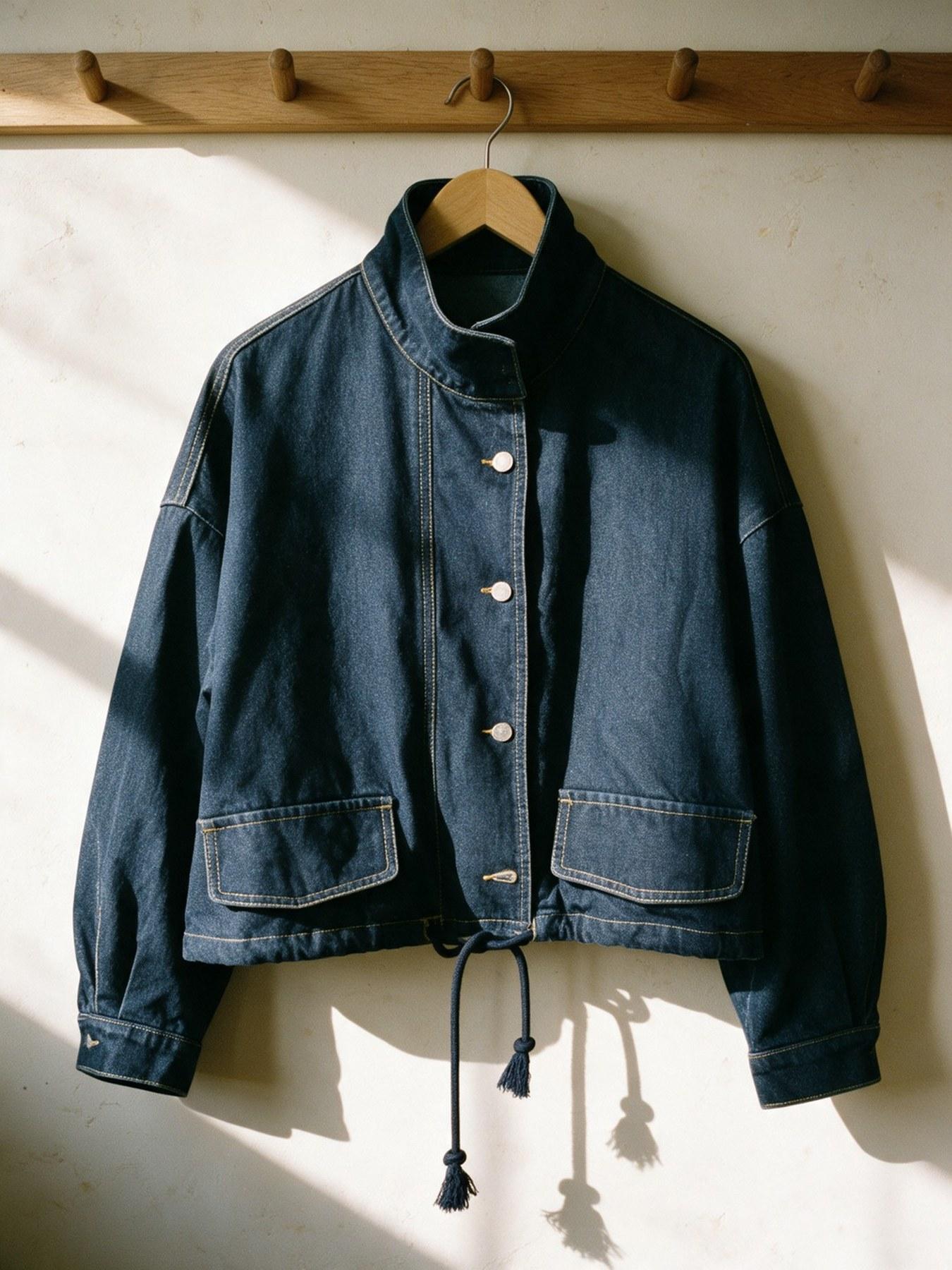 The Utility Jacket in Dark Blue, on the hanger