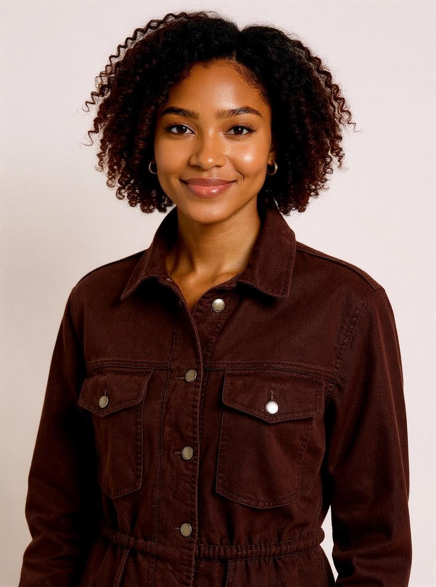 The Utility Jacket in Brown, close-up of the button front and patch pockets
