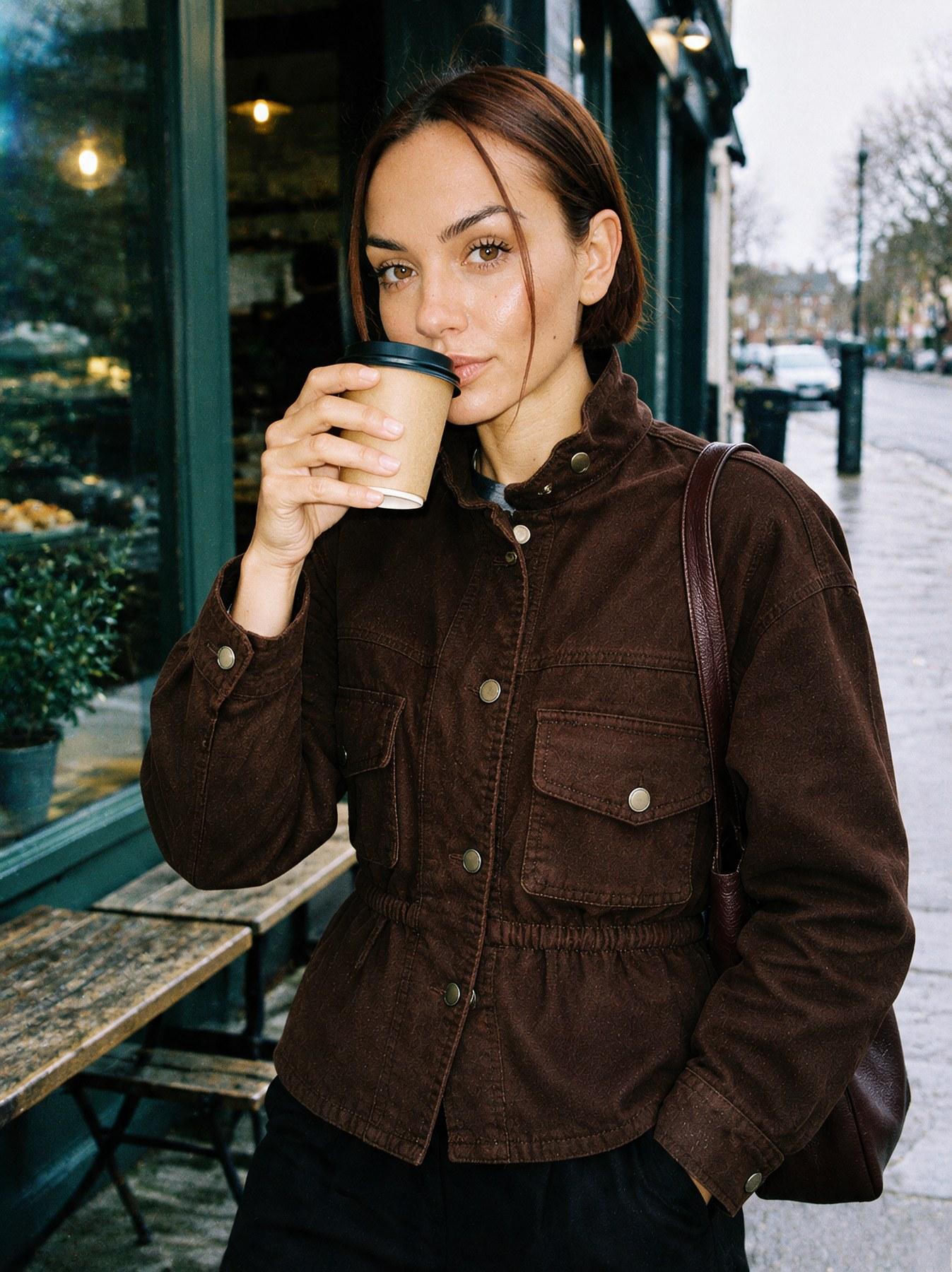 The Utility Jacket in Brown, styled with a cross-body bag, holding a coffee outside a café