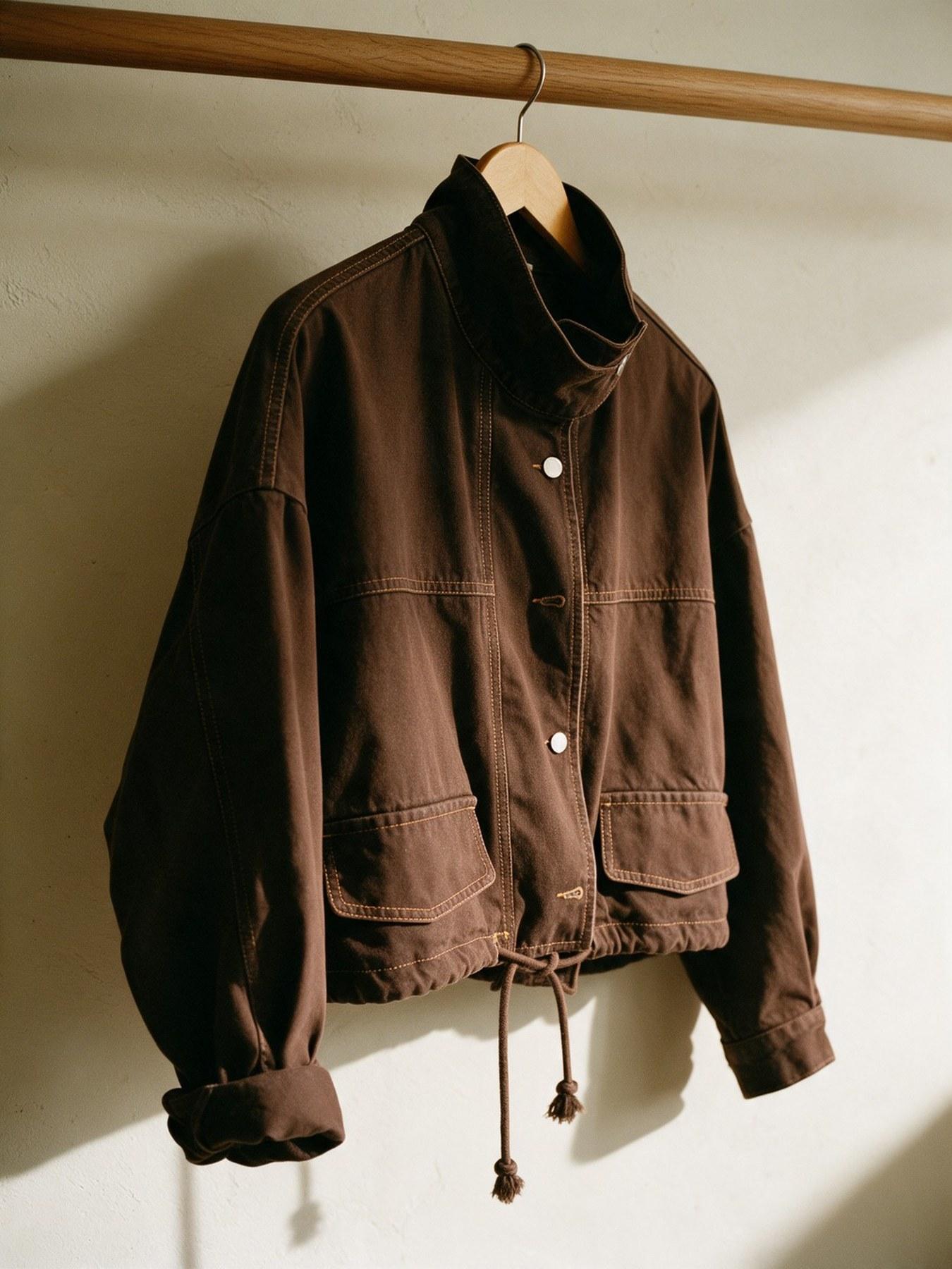 The Utility Jacket in Brown, on the hanger