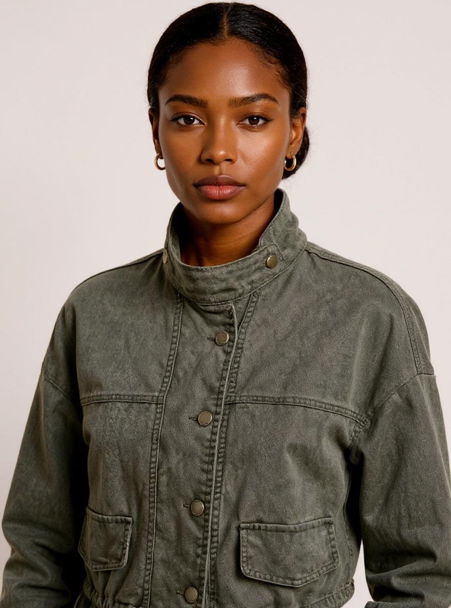 Woman wearing The Utility Jacket in khaki