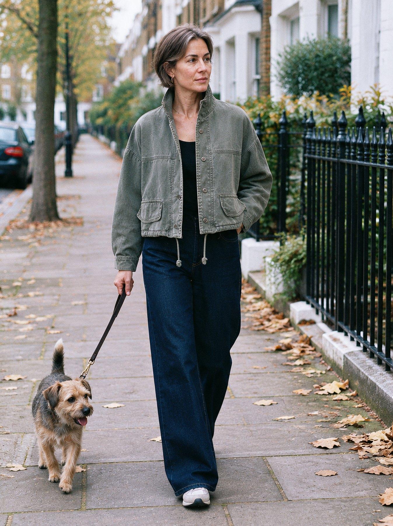 Woman wearing The Utility Jacket in khaki