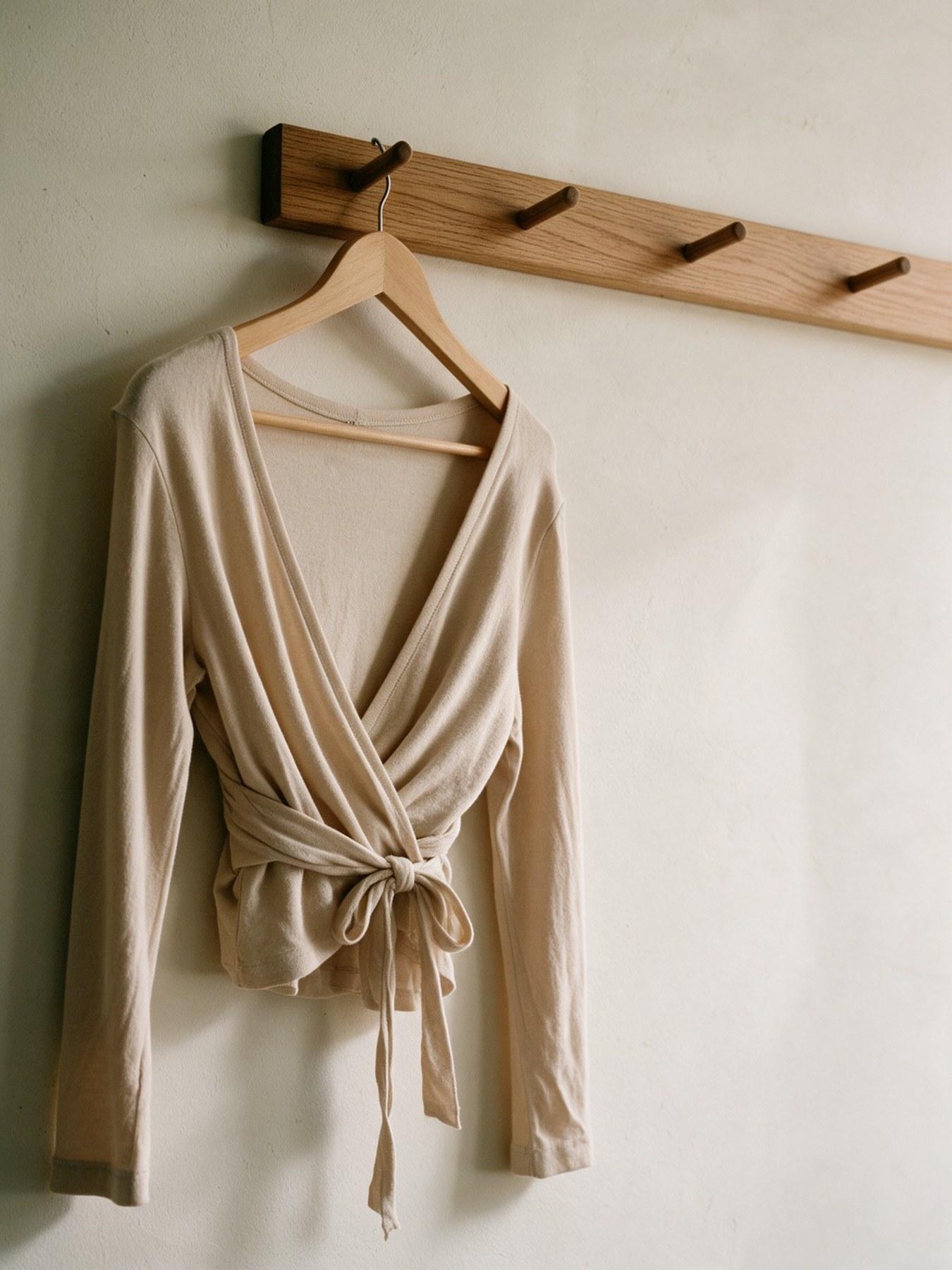 The Wrap Top in Beige, on the hanger