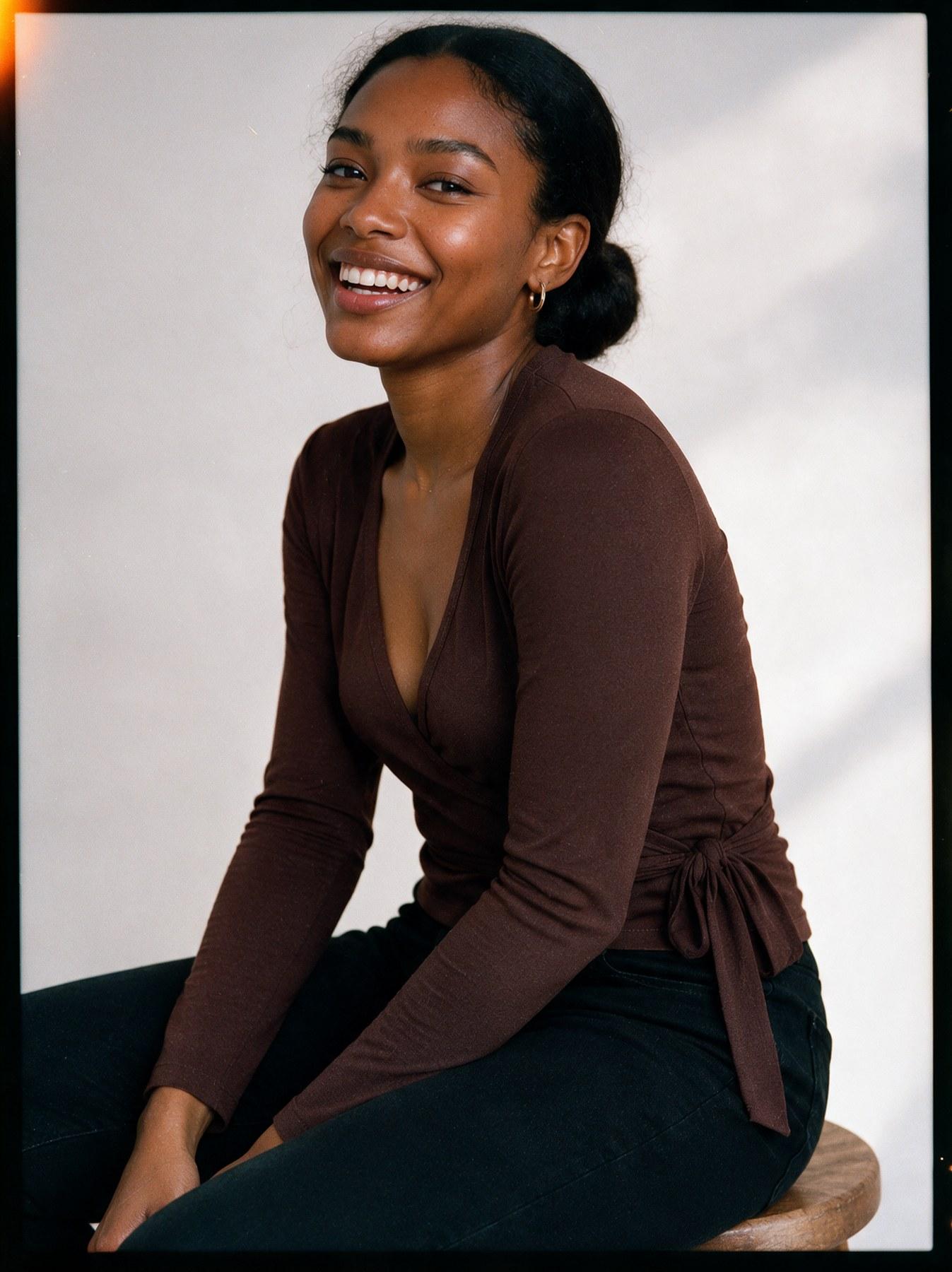 The Wrap Top in Brown, three-quarter view, seated and smiling