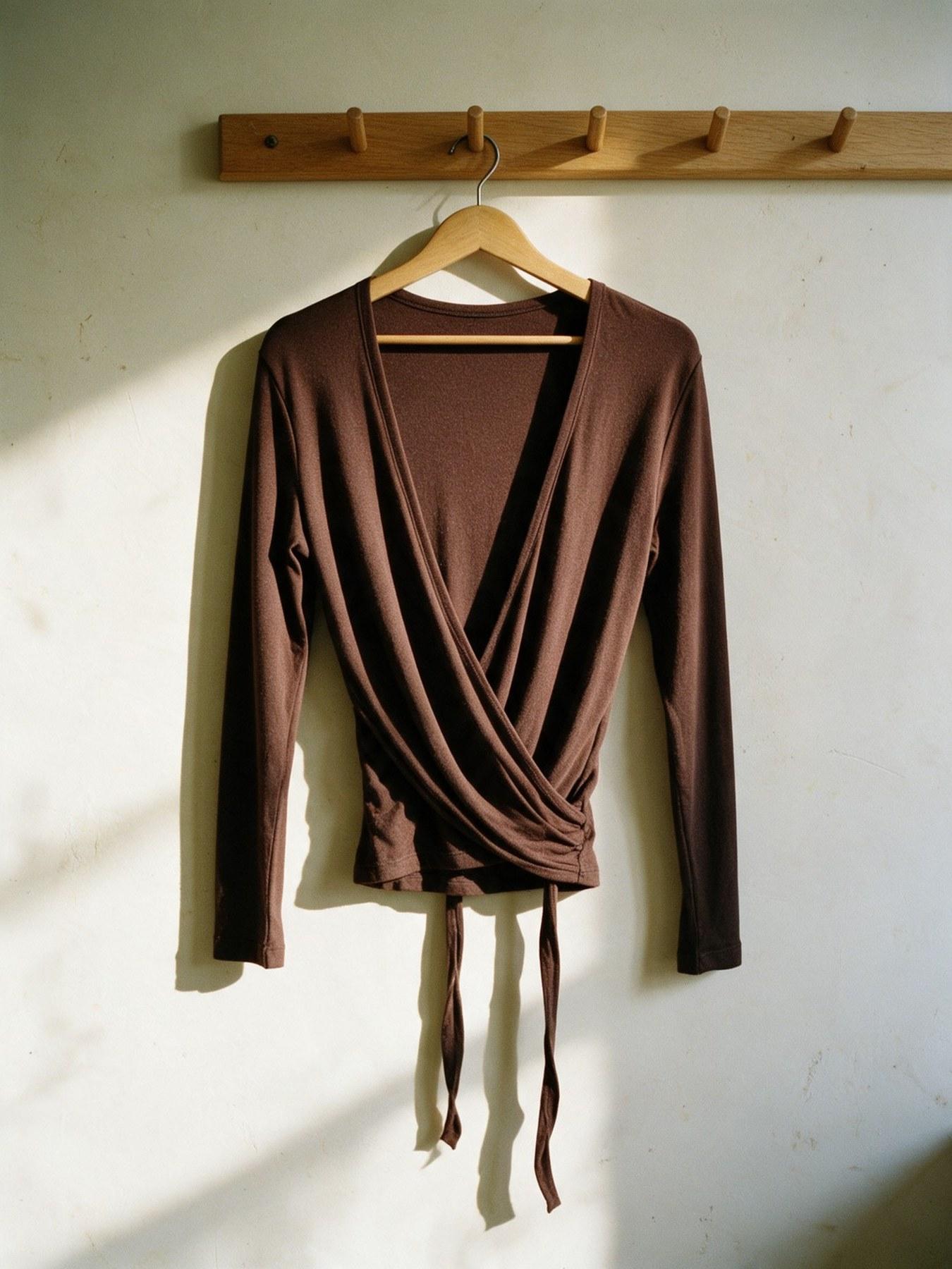The Wrap Top in Brown, on the hanger