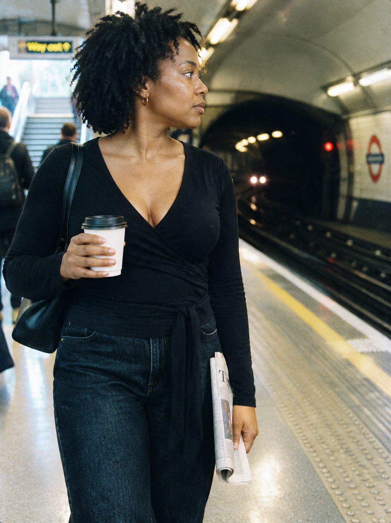 The Wrap Top in Black, styled with jeans, walking on a tube platform holding coffee