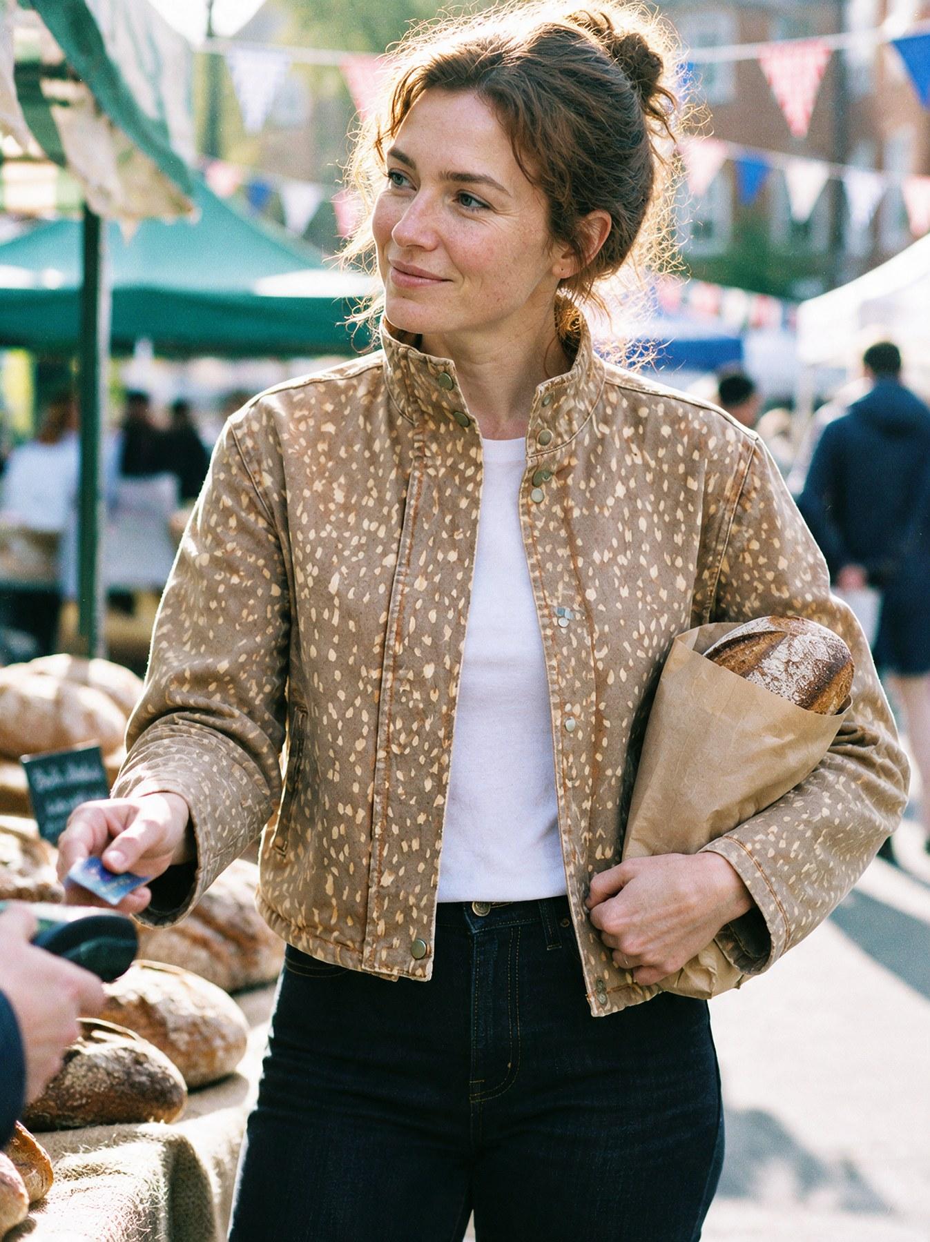 The Fawn Jacket in Beige, worn open, styled with a white t-shirt, at an outdoor market