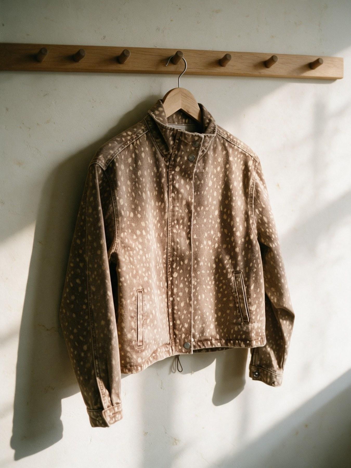The Fawn Jacket in Beige, on the hanger