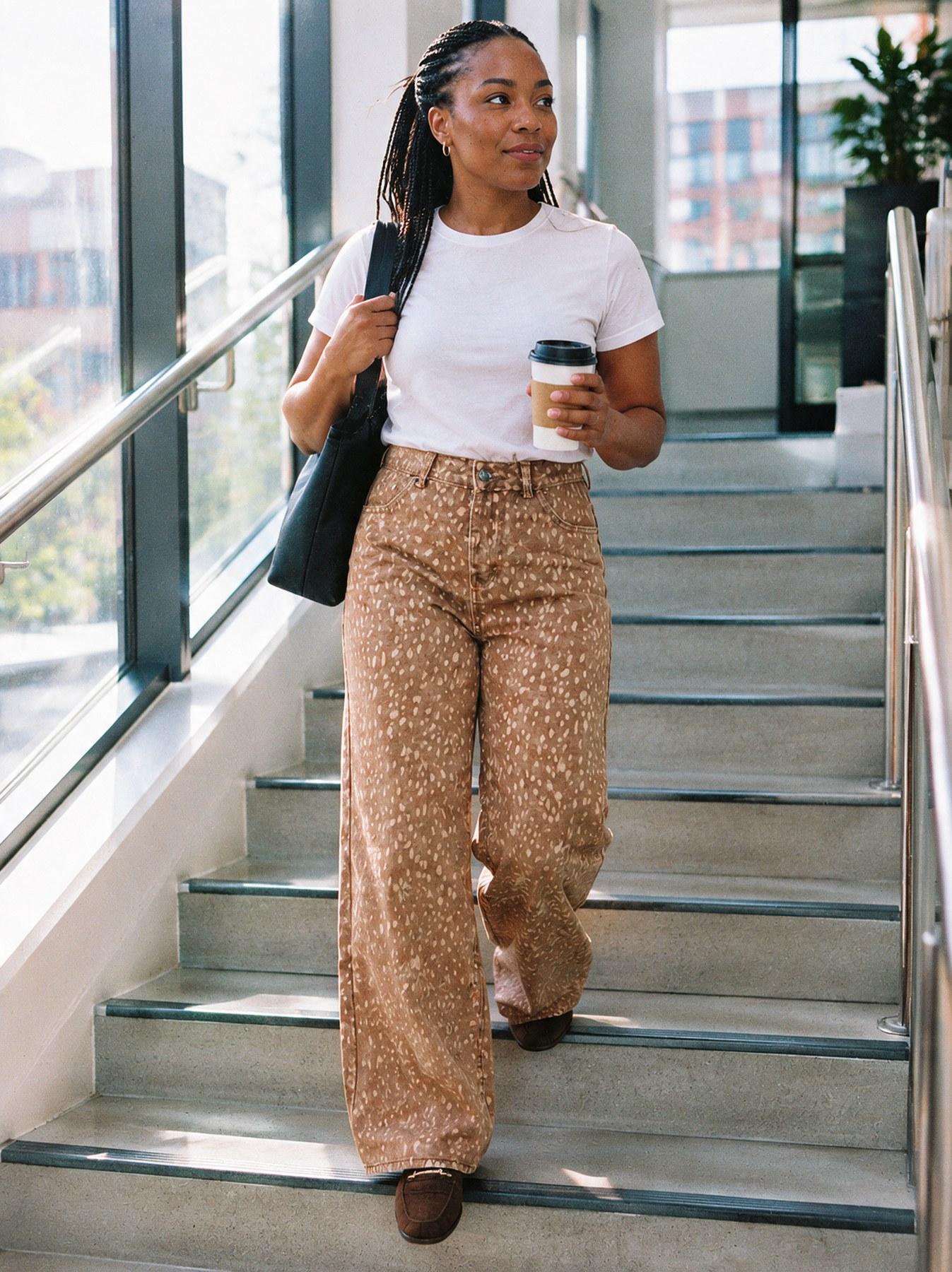 The Fawn Trouser in Beige, styled with a white t-shirt, walking down a staircase