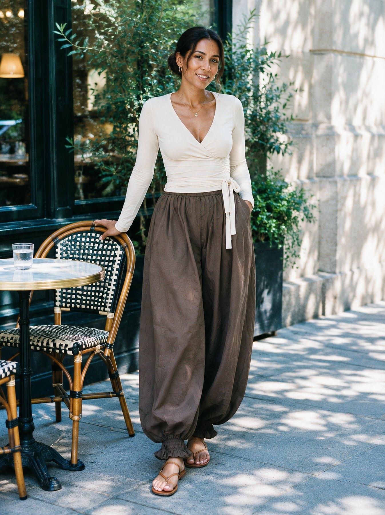 Woman wearing The Parachute Trouser in brown