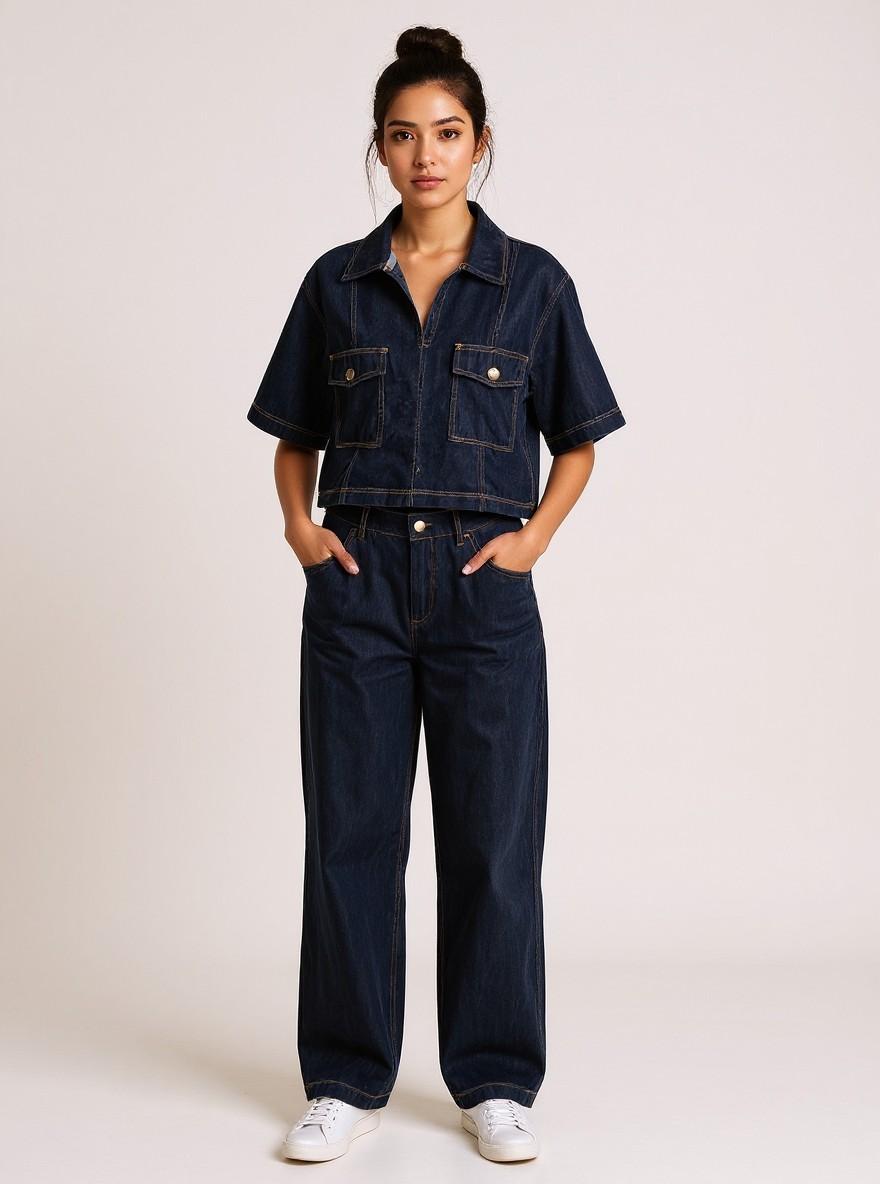 The Denim Set in Dark Blue, front view, full length, standing with hands in pockets