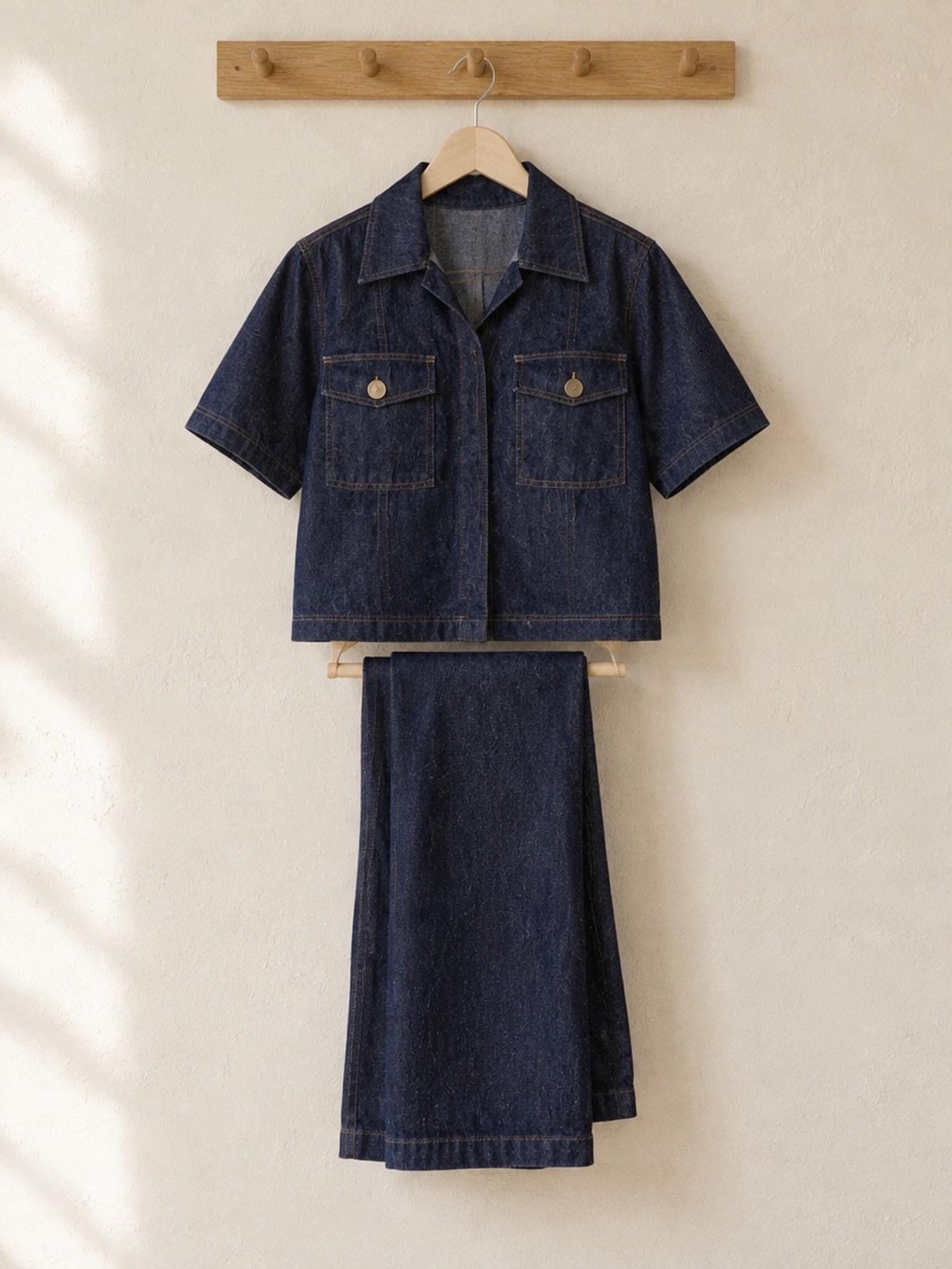 The Denim Set in Dark Blue, on the hanger