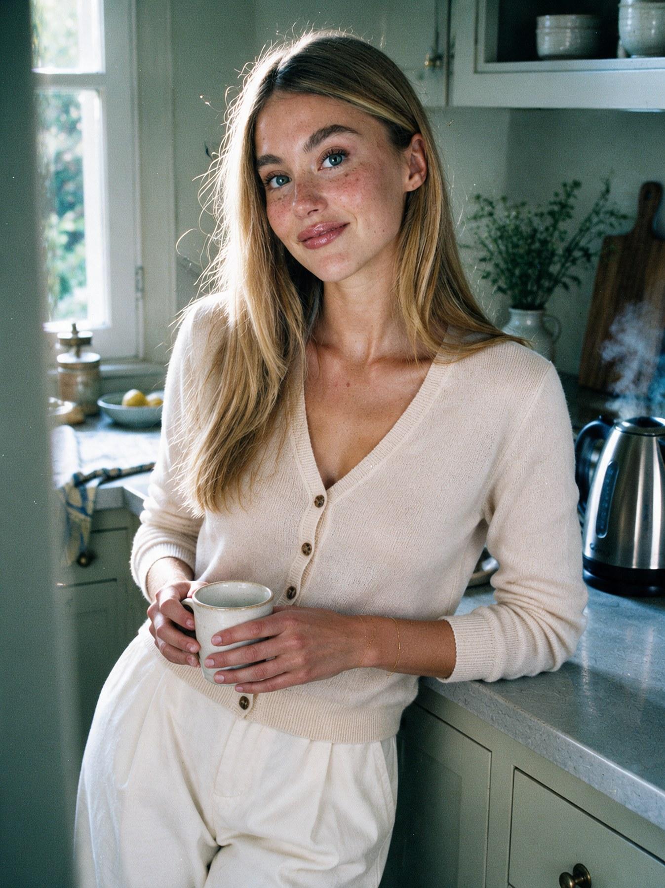The Fine-Knit Cardigan in Beige, front view, leaning against a kitchen counter, holding a mug