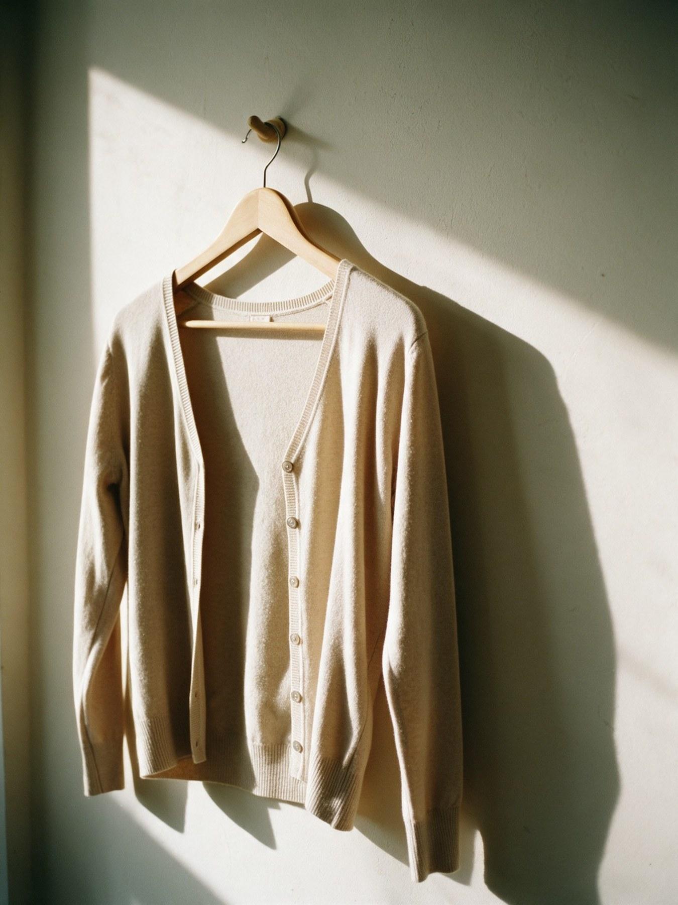 The Fine-Knit Cardigan in Beige, on the hanger