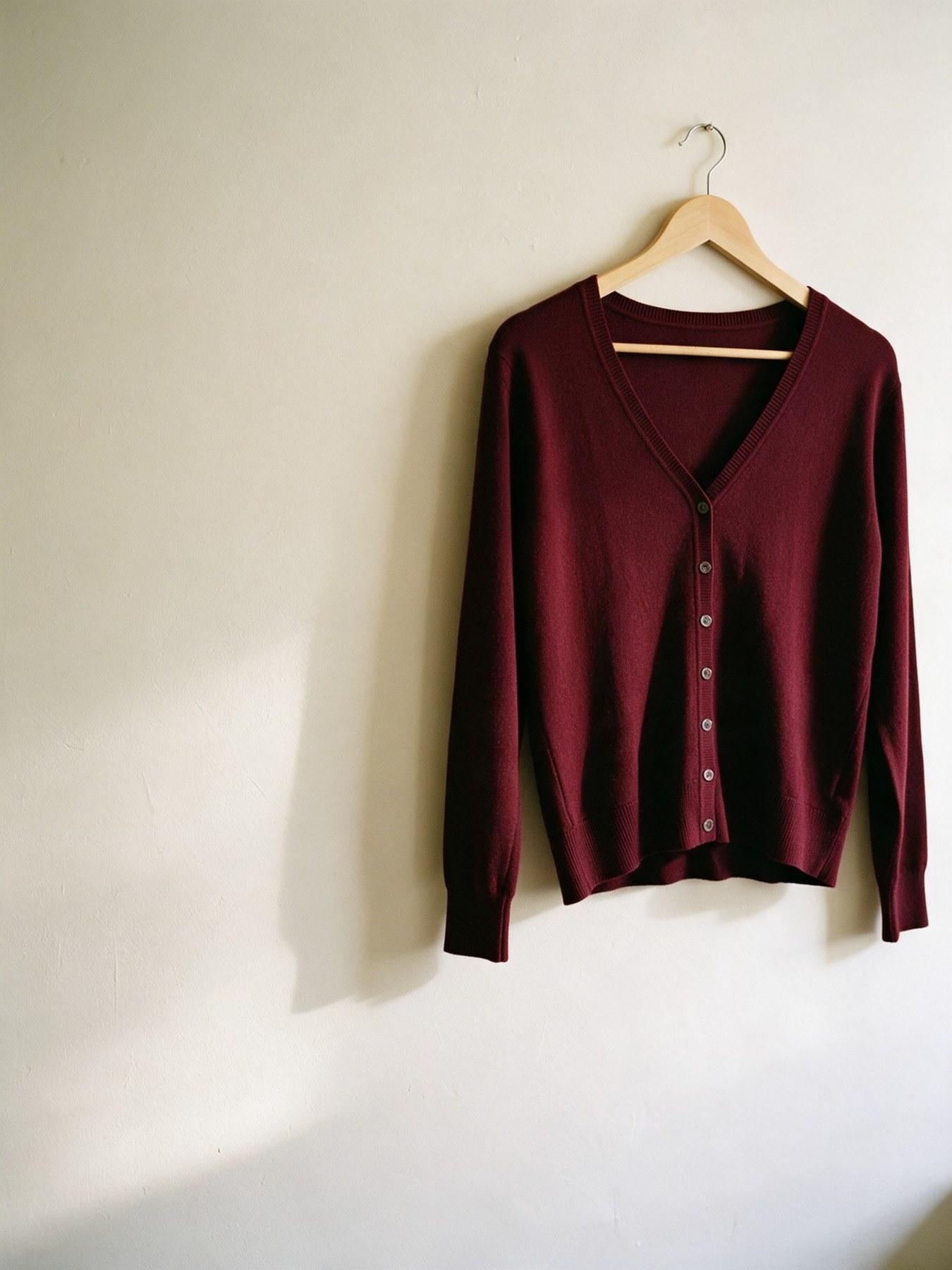The Fine-Knit Cardigan in Burgundy, on the hanger