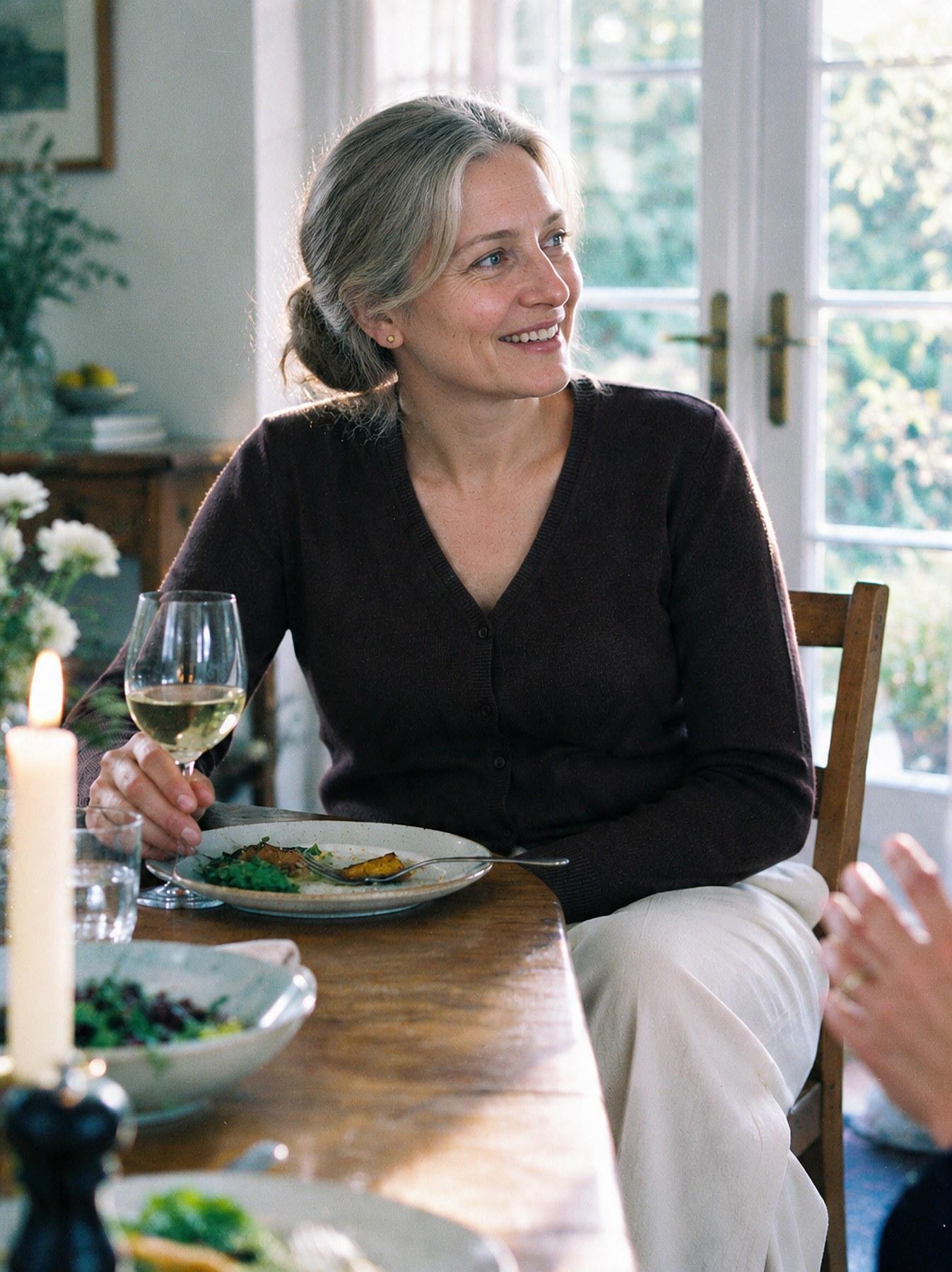 The Fine-Knit Cardigan in Brown, front view, seated at the dinner table