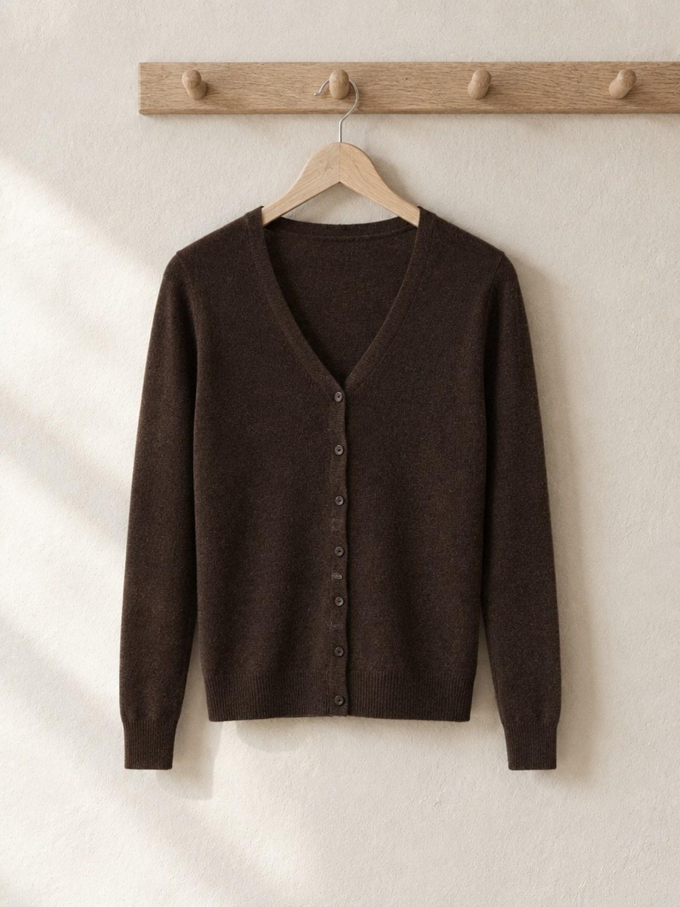 The Fine-Knit Cardigan in Brown, on the hanger