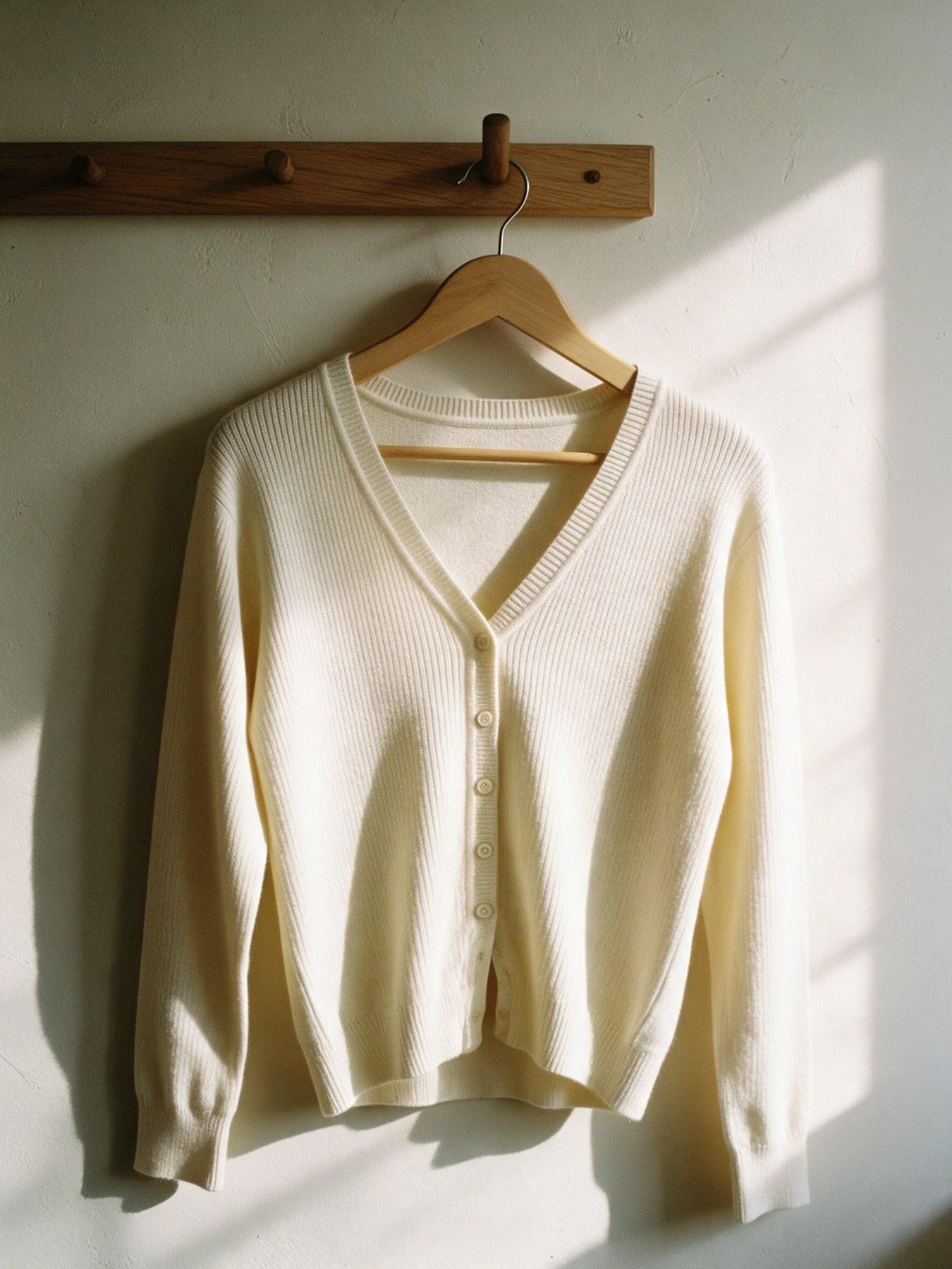 The Fine-Knit Cardigan in Cream, on the hanger