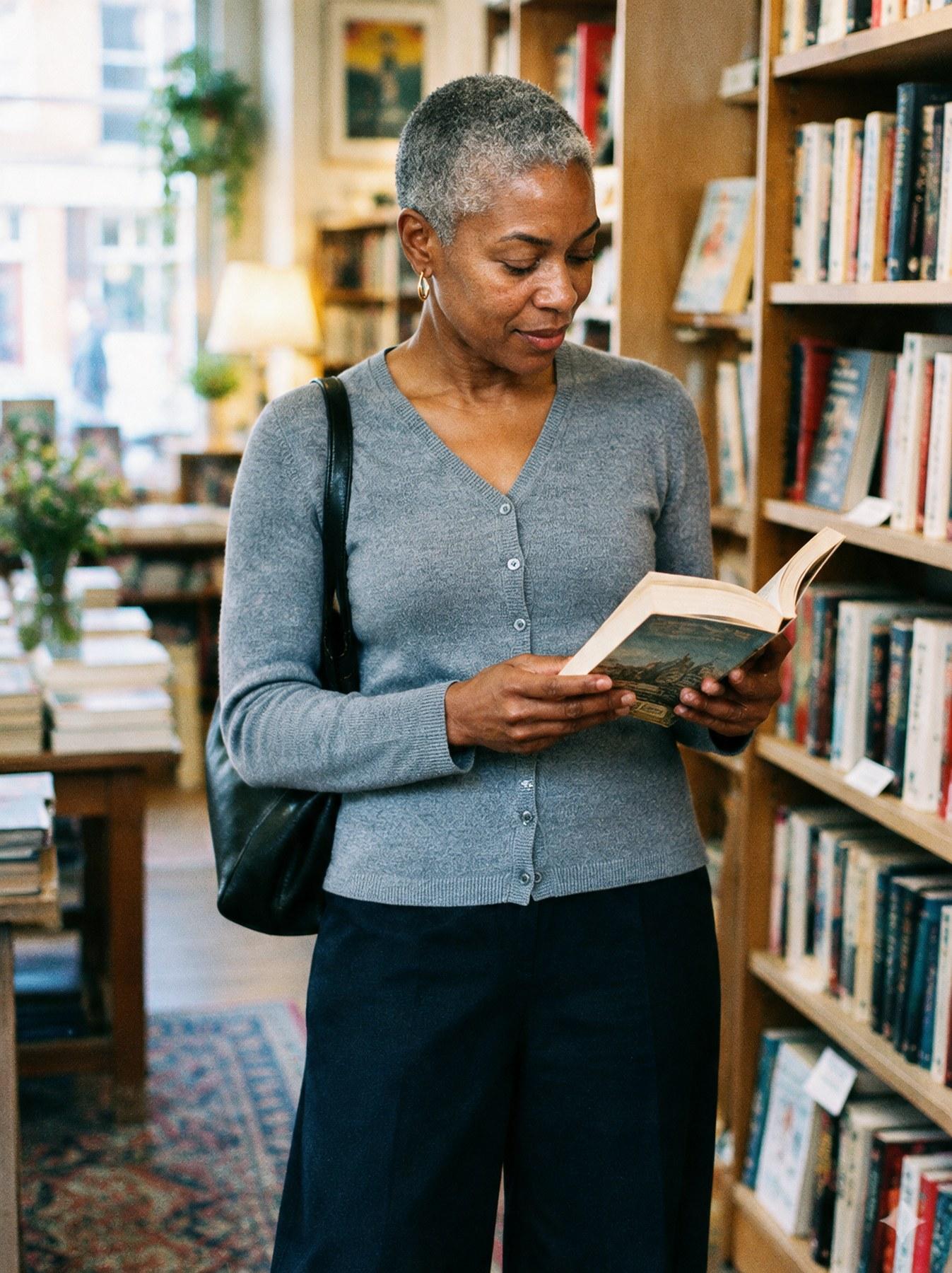 The Fine-Knit Cardigan in Grey, front view, browsing in a bookshop, reading a book