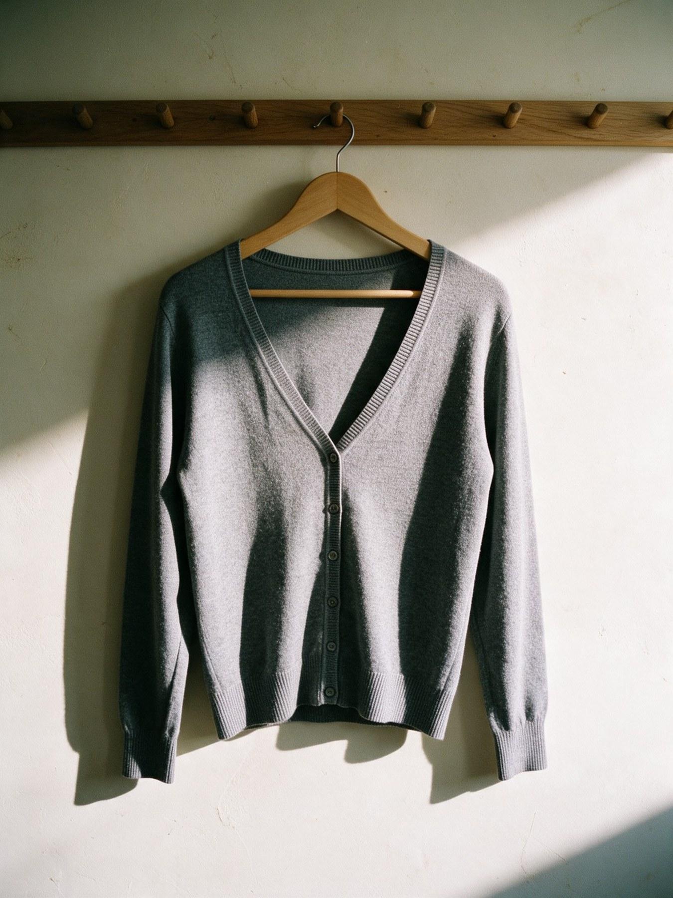 The Fine-Knit Cardigan in Grey, on the hanger