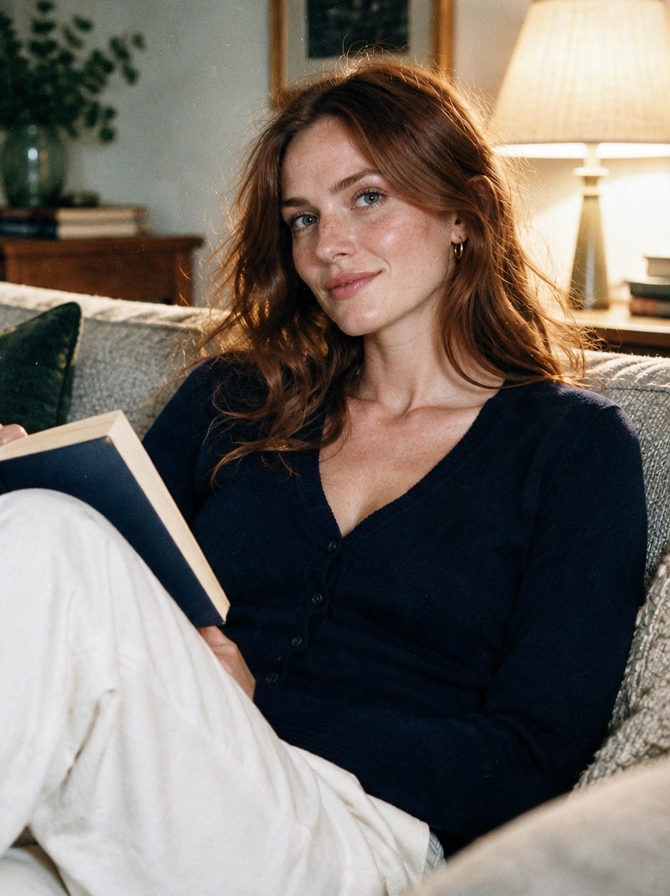 The Fine-Knit Cardigan in Navy, front view, seated on a sofa reading a book