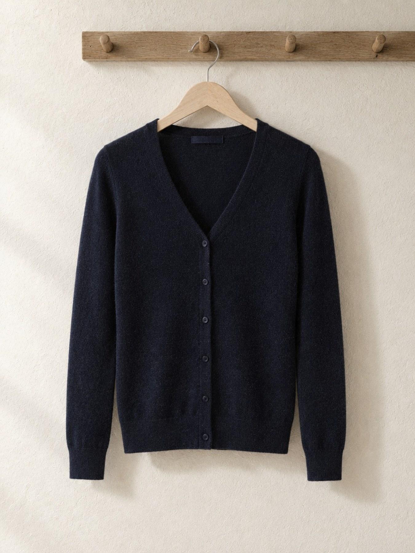 The Fine-Knit Cardigan in Navy, on the hanger