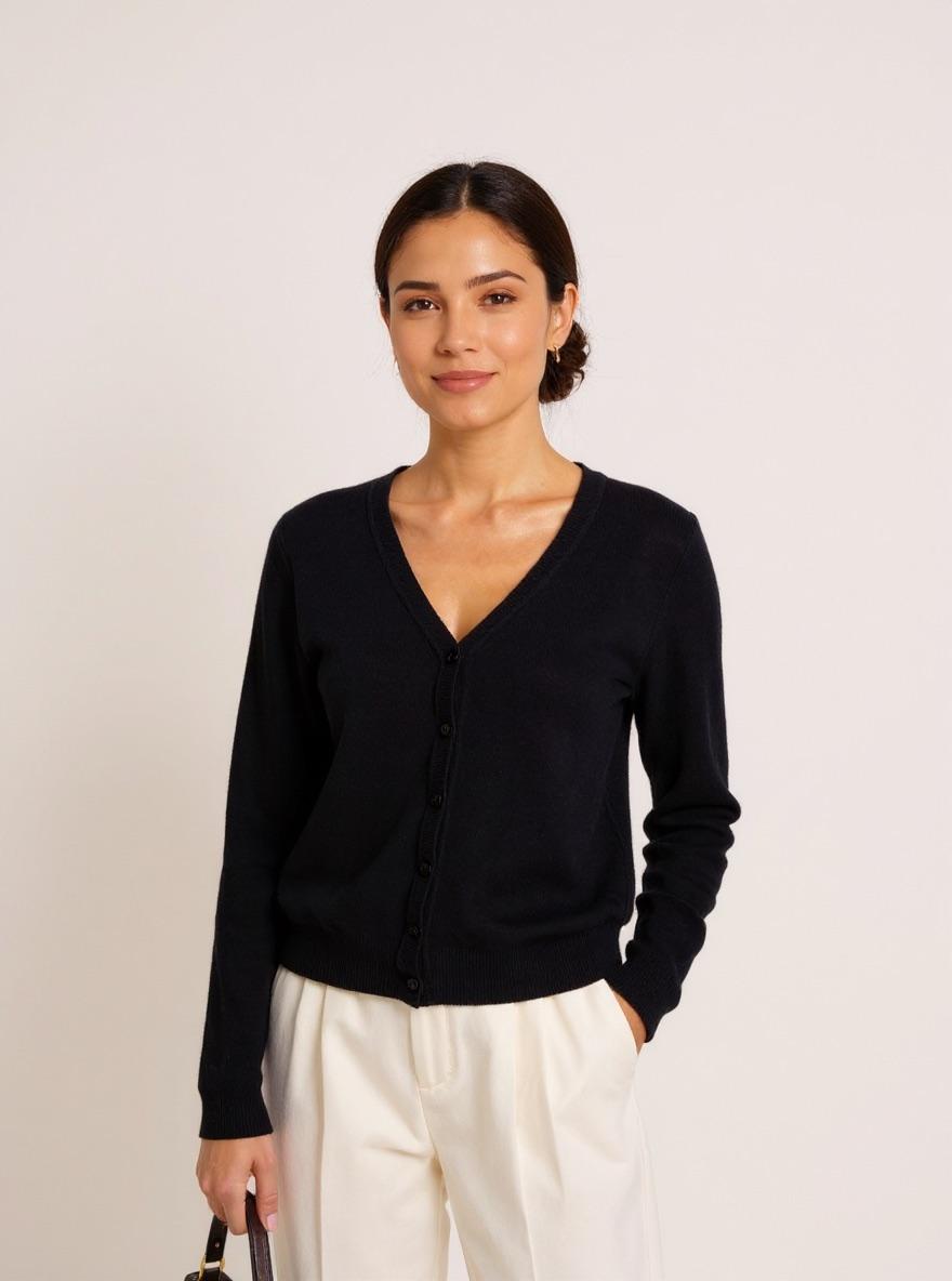 Woman wearing The Fine-Knit Cardigan in black