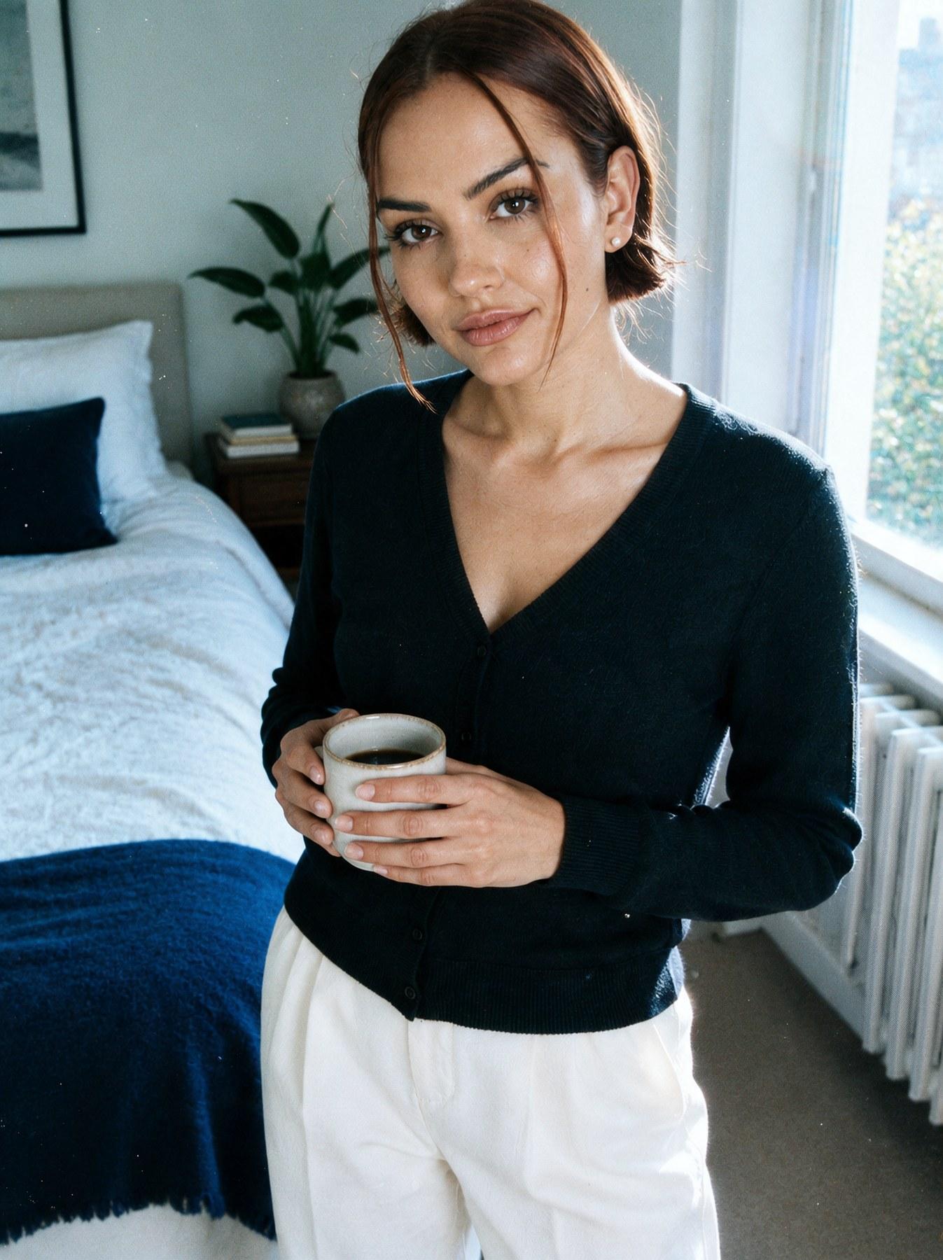 The Fine-Knit Cardigan in Black, front view, standing with a mug of coffee