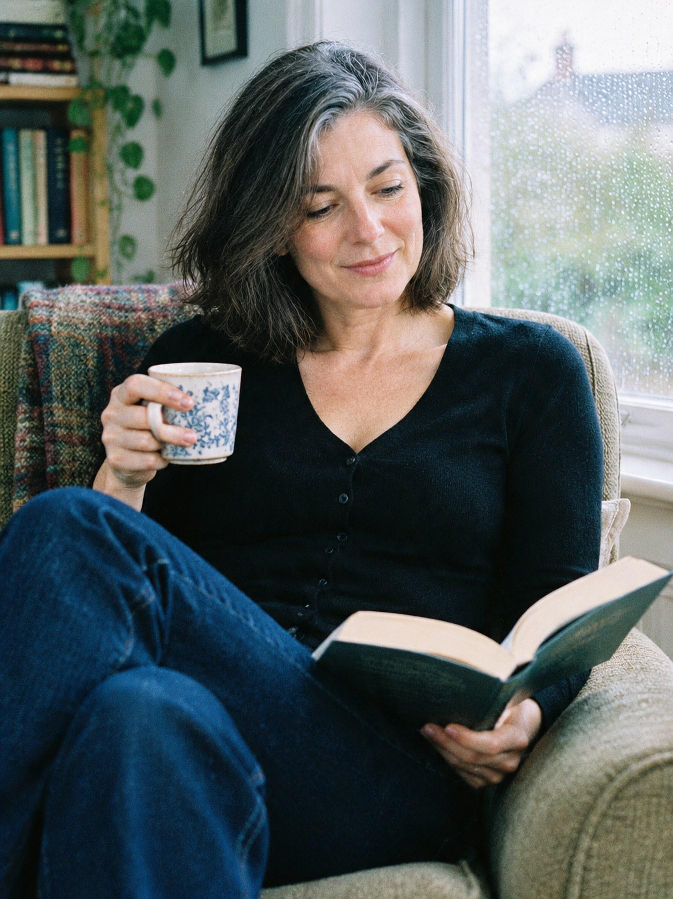 The Fine-Knit Cardigan in black — reading in an armchair by a rain-streaked window, mug in hand