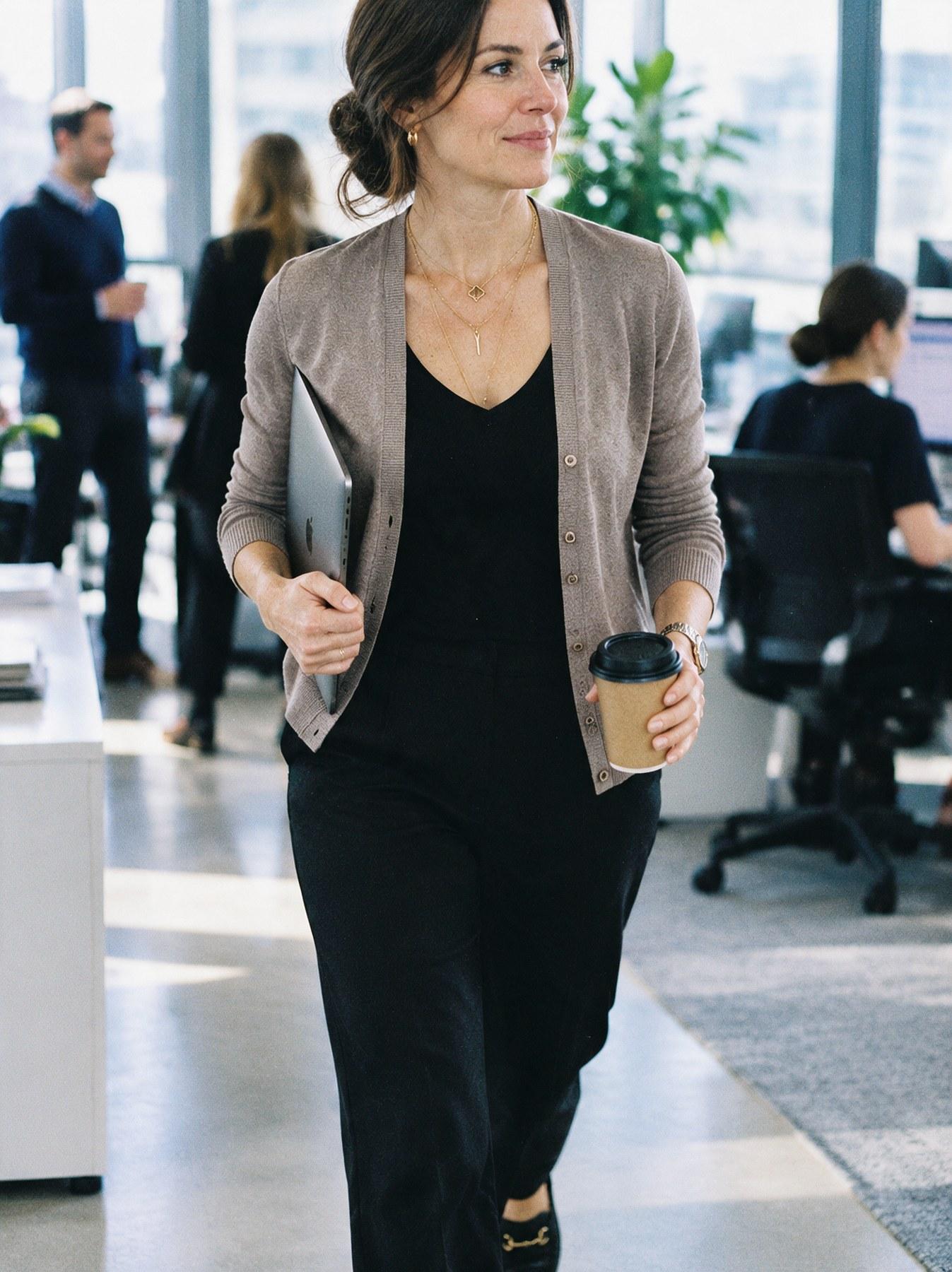 The Fine-Knit Cardigan in Taupe, front view, walking through an office, styled open over a black top