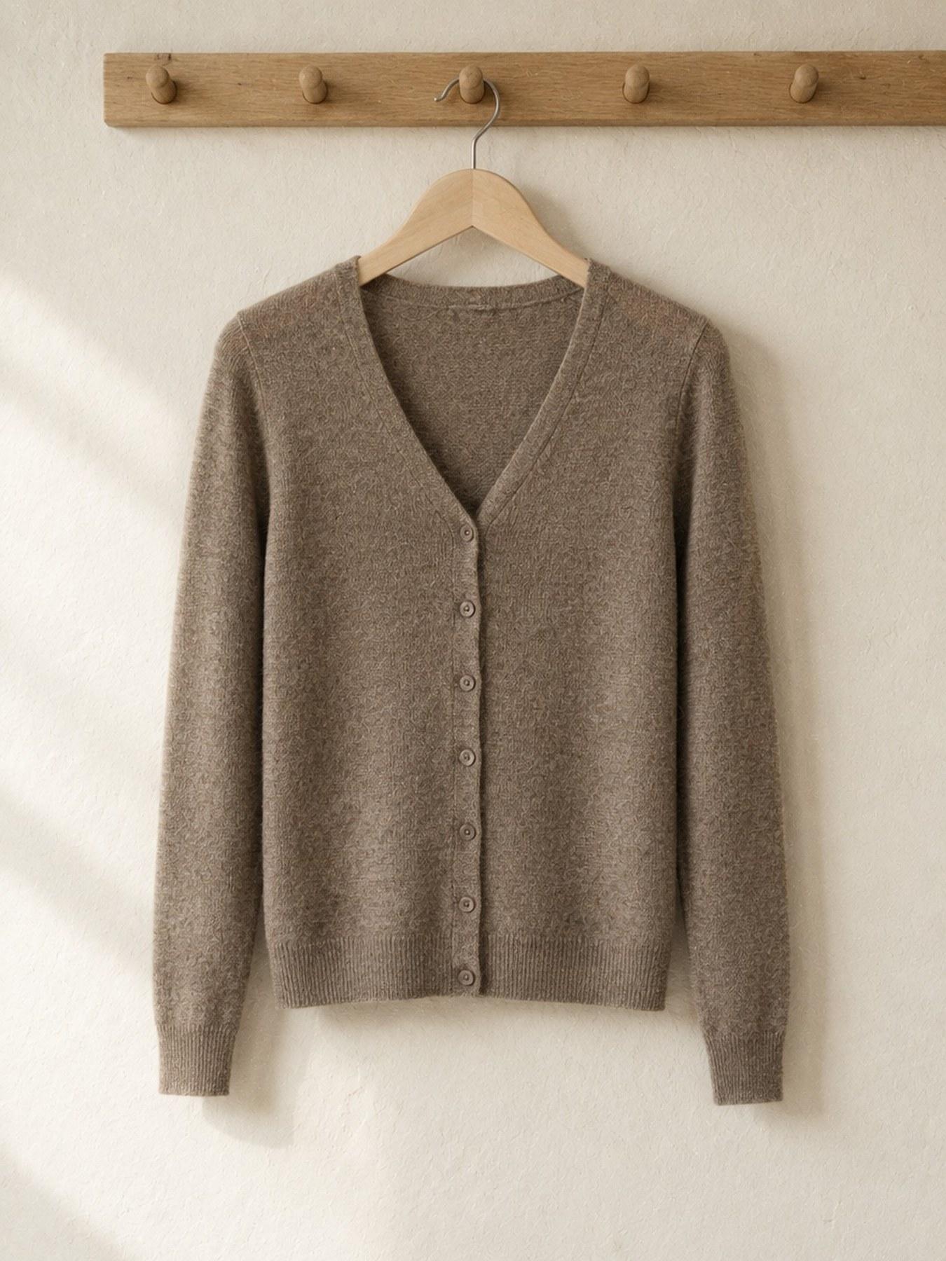 The Fine-Knit Cardigan in Taupe, on the hanger