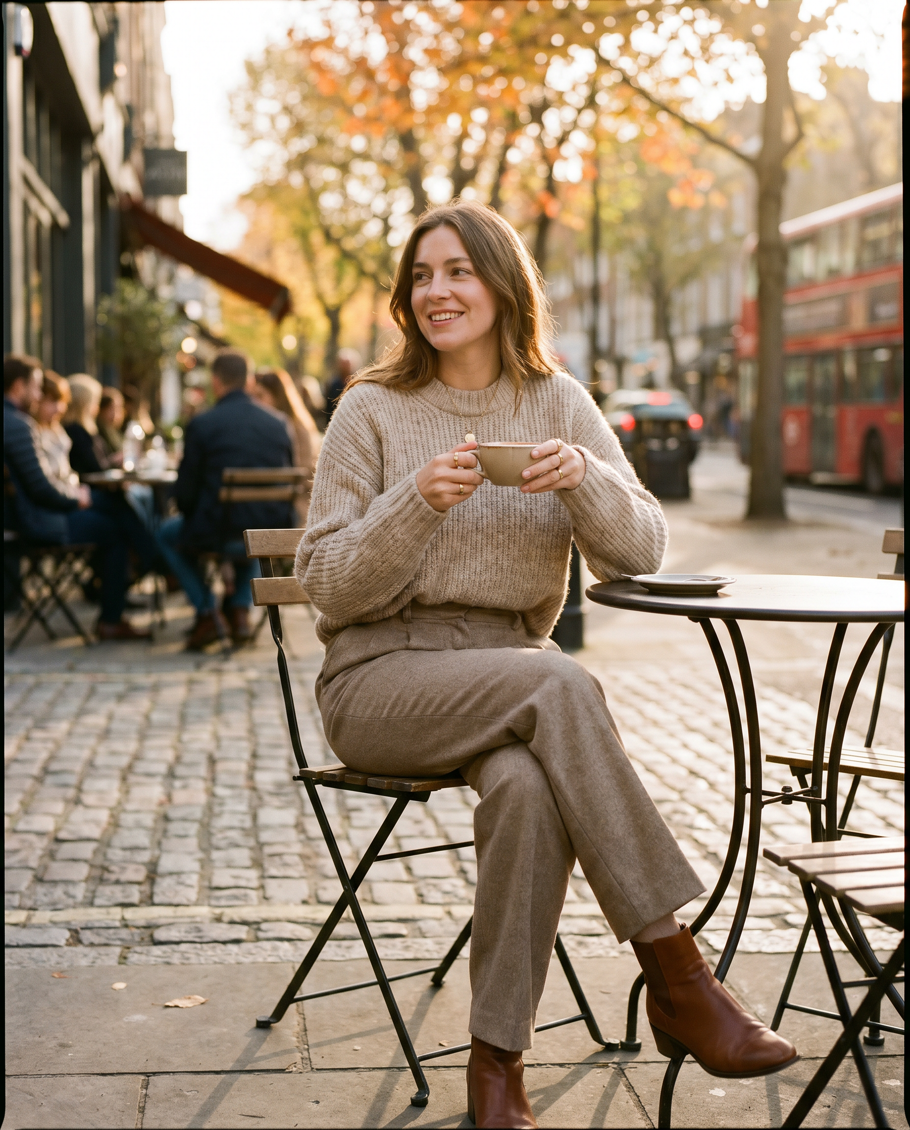 Woman enjoying a coffee at a café table on a cobbled London lane in golden autumn light