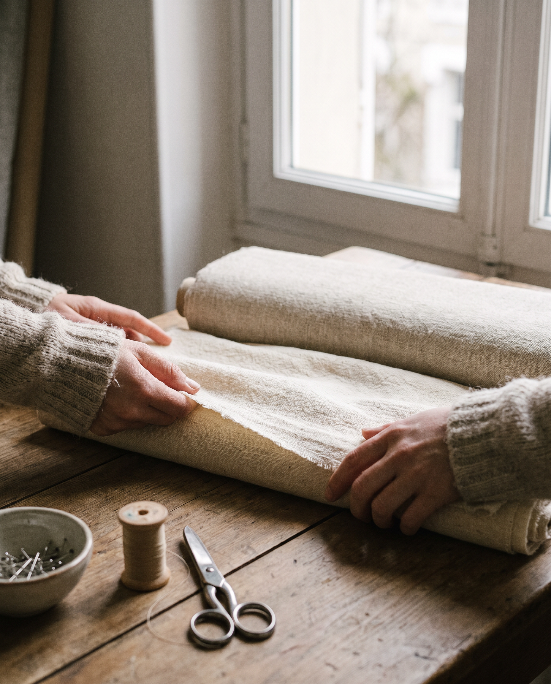Hands unrolling a bolt of raw organic cotton fabric on a wooden atelier table