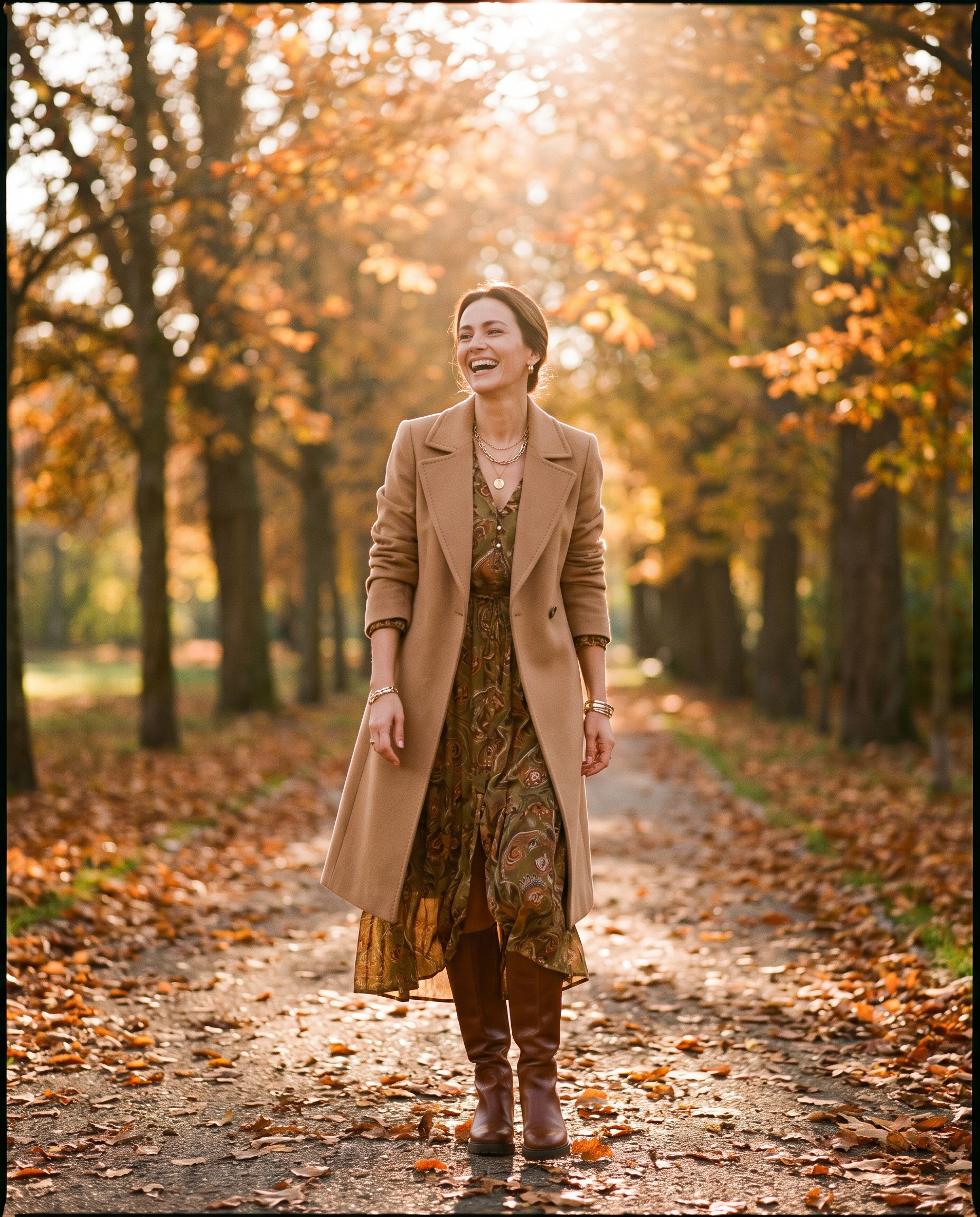 Woman laughing while walking through a golden autumn park in a printed olive and rust midi dress