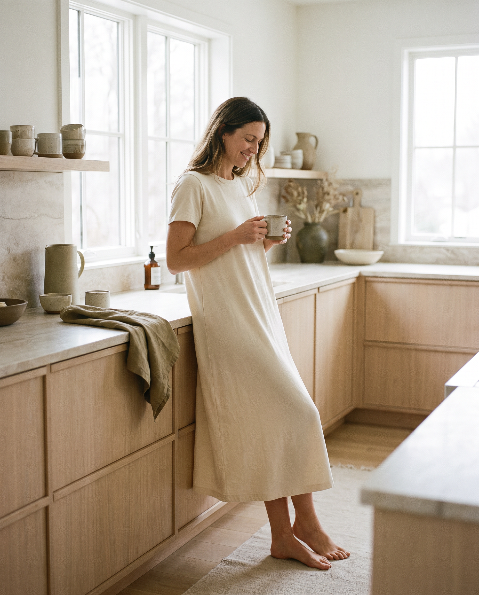 Woman in a relaxed cream organic cotton jersey dress in a sunlit kitchen
